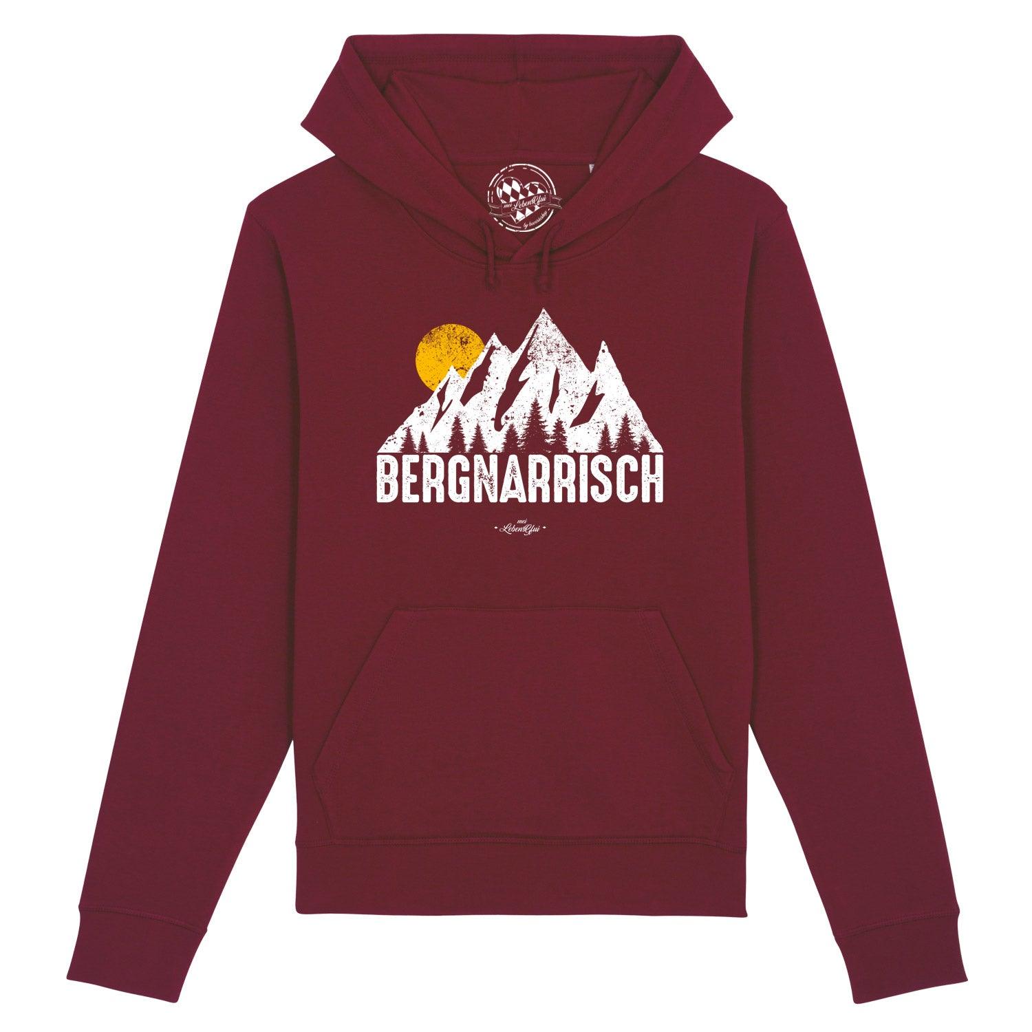 Damen Hoodie in Altrosa mit Kapuze, Frontprint „Bergnarrisch“, Kordelzug, aus Bio-Baumwolle und recyceltem Polyester.
