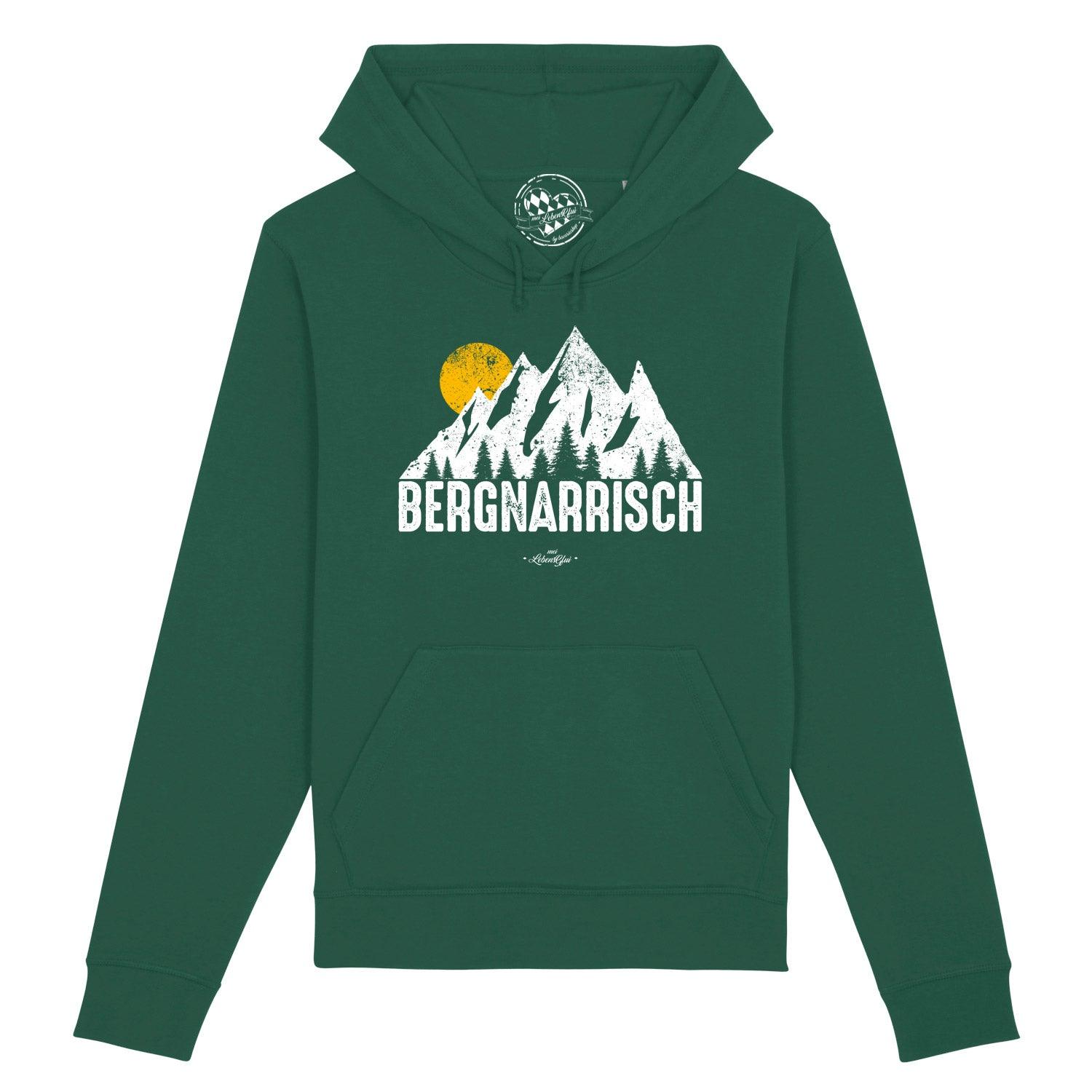 Damen Hoodie in Dunkelgrau mit Frontprint „bergnarrisch“ in Weiß, Kapuze, Kängurutasche, Bio-Baumwolle-Mix.