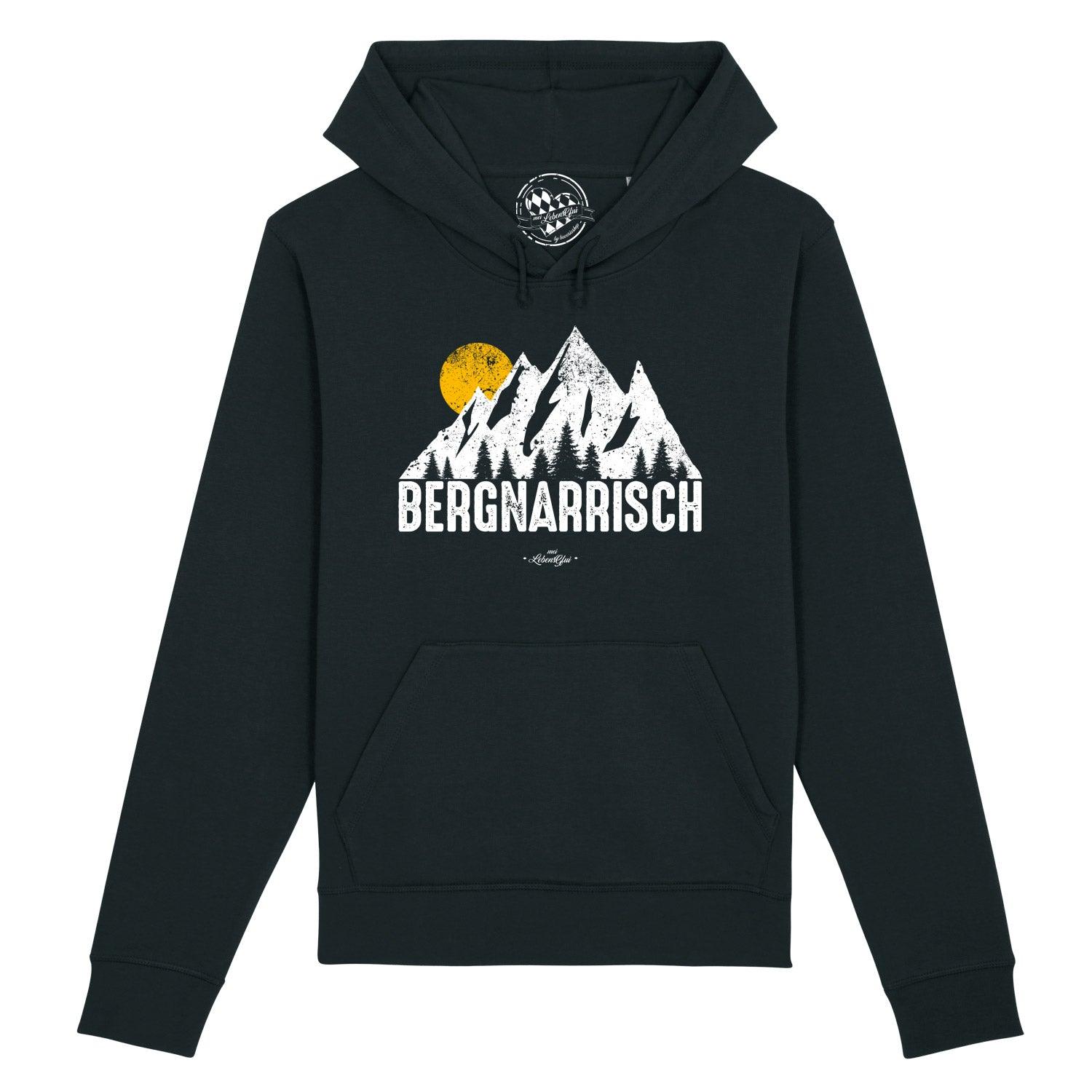 Damen Hoodie in Dunkelblau mit weißem „bergnarrisch“-Schriftzug, Kängurutasche und Kapuze, Bio-Baumwolle-Mix.