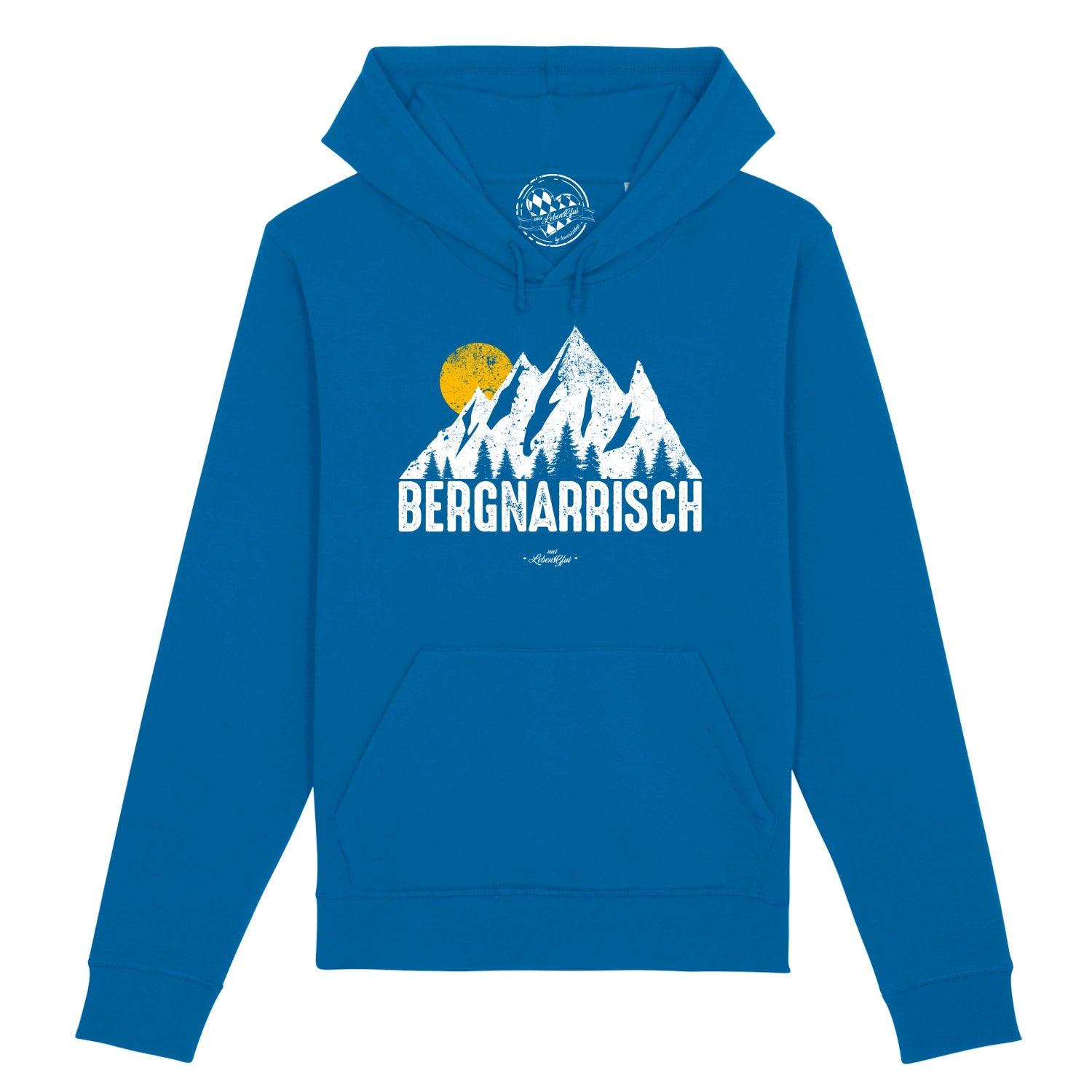Damen Hoodie in Blau mit weißem „bergnarrisch“-Schriftzug, Kapuze, Kordelzug, Kängurutasche, Bio-Baumwolle.