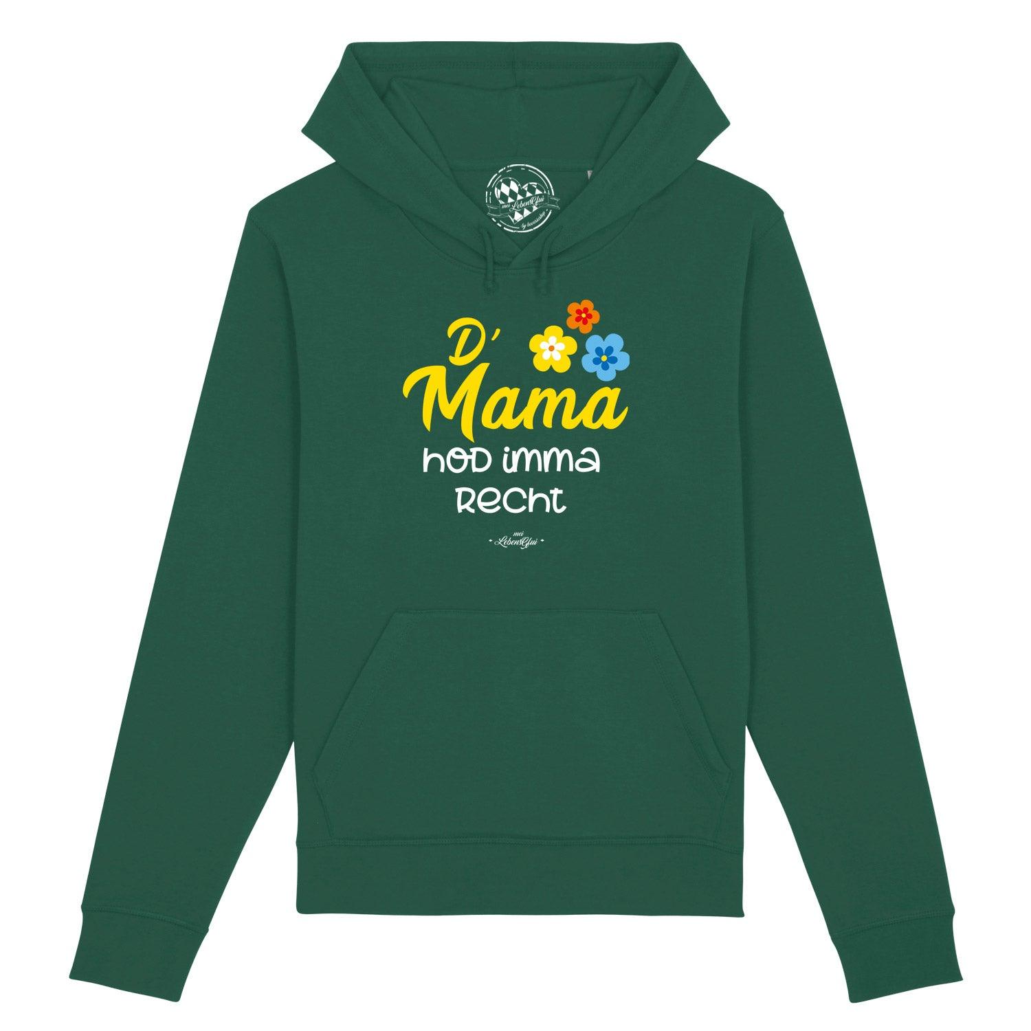 Grauer Damen Hoodie mit Kapuze, Frontprint „D'Mama hod imma recht“, Brustmotiv in weißer Schrift, Bio-Baumwollmix.