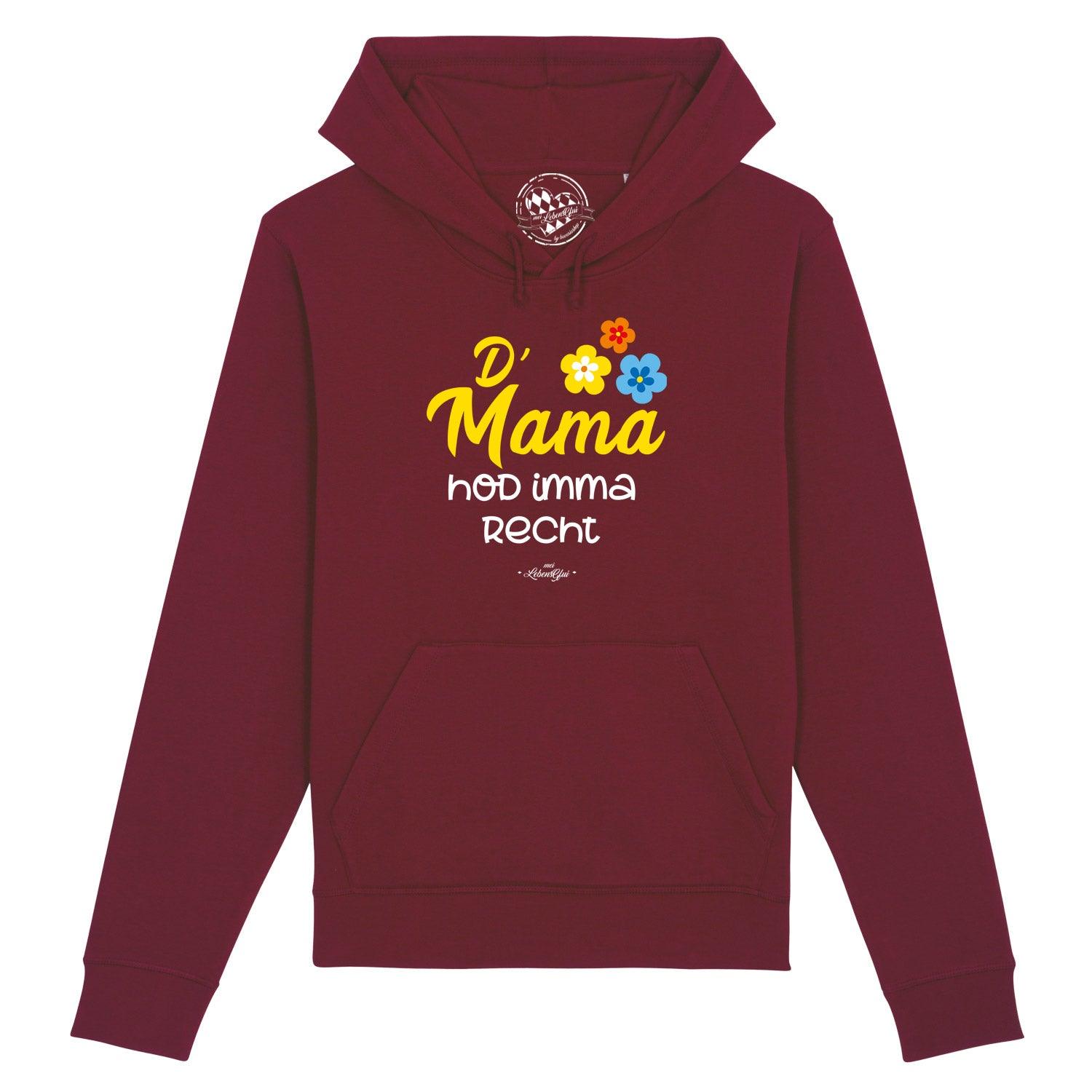 Damen Hoodie in Dunkelgrau mit weißem Frontprint „D’Mama hod imma recht“, Kapuze, Kordelzug, Kängurutasche, Bio-Baumwolle.