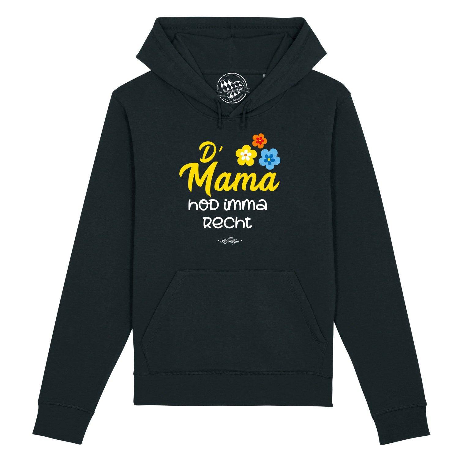 Damen Hoodie in Grau mit weißem Frontprint „D’Mama hod imma recht“, Kapuze, Kängurutasche, Raglanärmel, Bio-Baumwollmix.