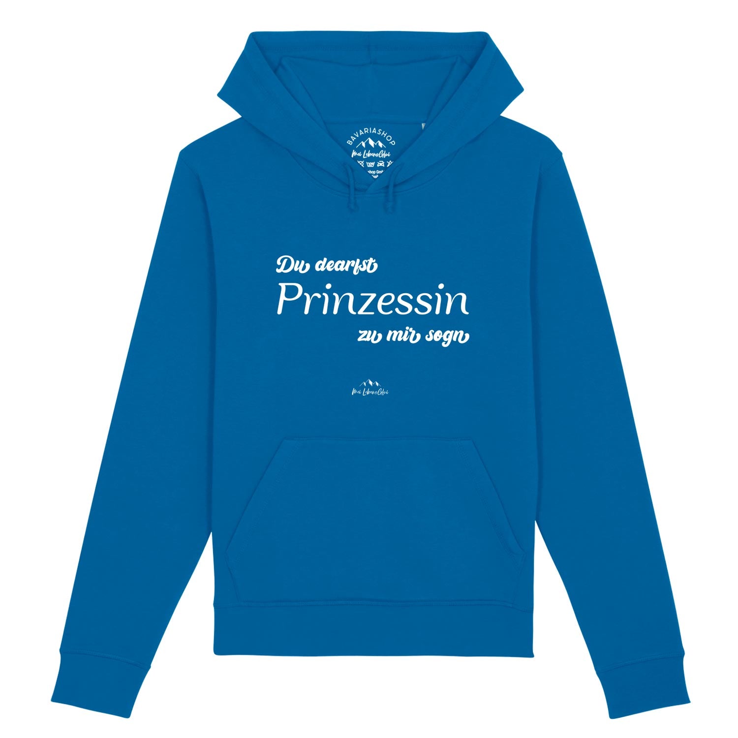 Damen Hoodie mit Frontprint „Du dearfst Prinzessin zu mir sogn“, Kapuze, Kängurutasche, royalblau, Bio-Baumwolle.