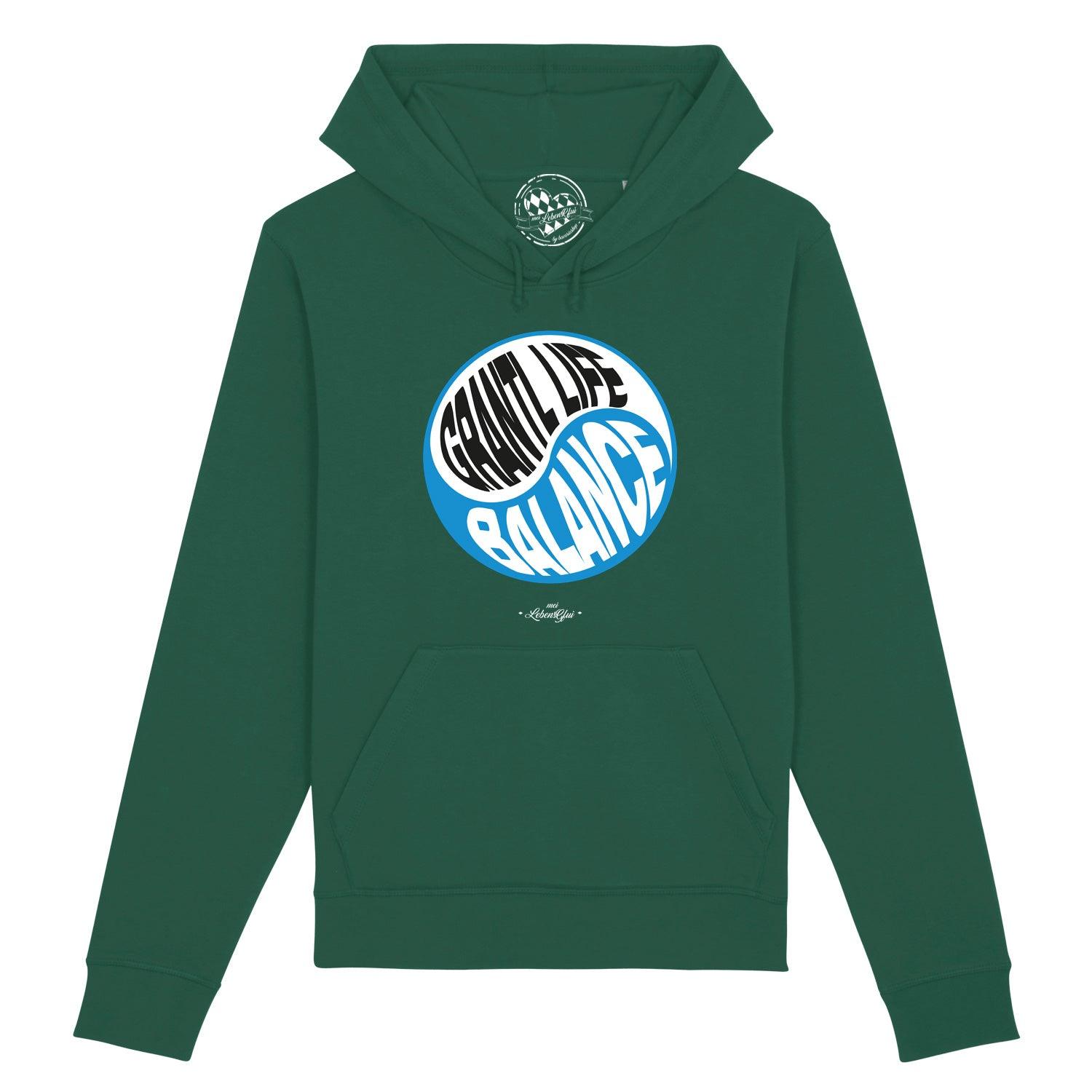 Damen Hoodie in Dunkelgrau mit weißem Schriftzug „Grantl life balance“, Kapuze, Kängurutasche, Bio-Baumwoll-Mix.