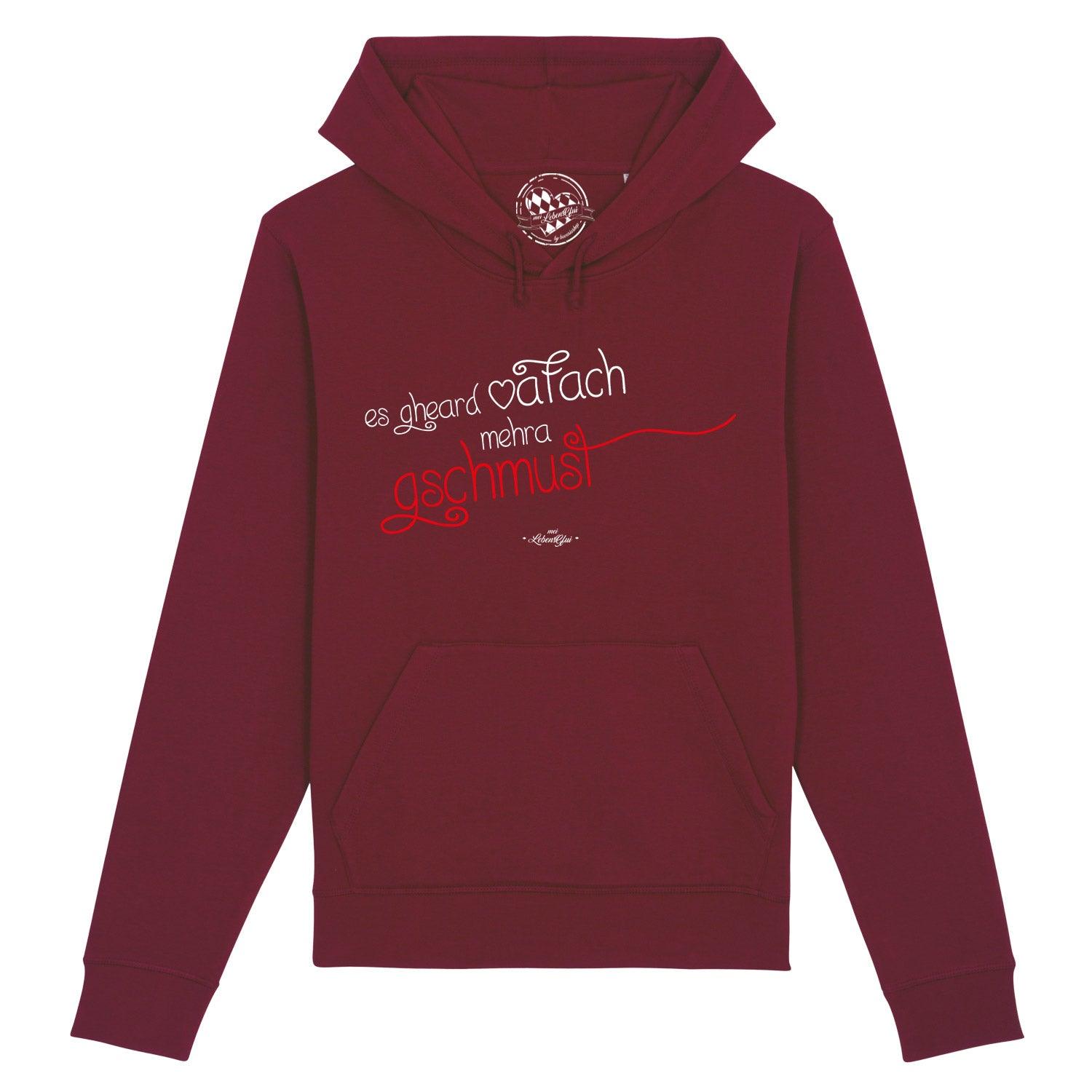 Damen Hoodie in Rosa mit Kapuze, Frontprint "Gschmust" in Weiß, gerader Schnitt, Bio-Baumwolle, Größe fällt klein aus.