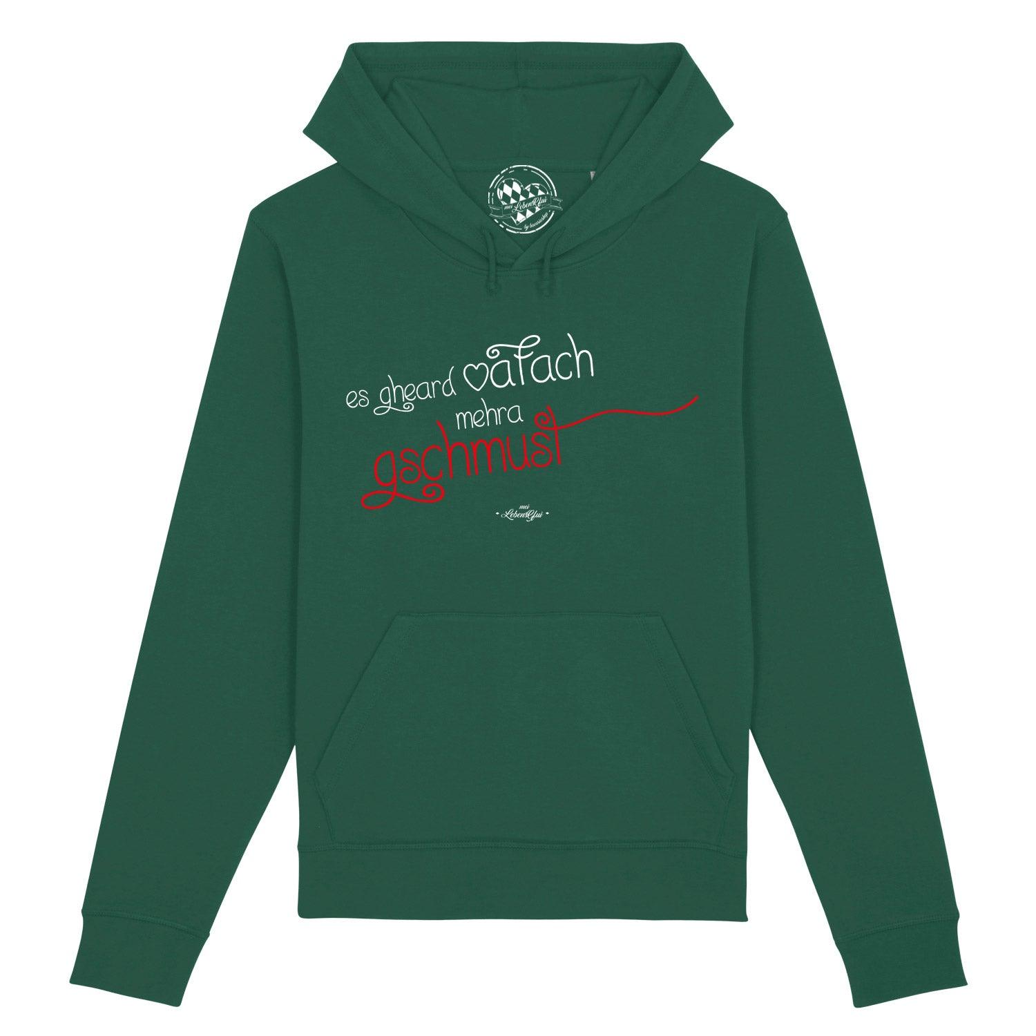Dunkelblauer Damen Hoodie mit weißem „Gschmust“-Schriftzug in bayerischer Mundart auf der Brust; Bio-Baumwolle.