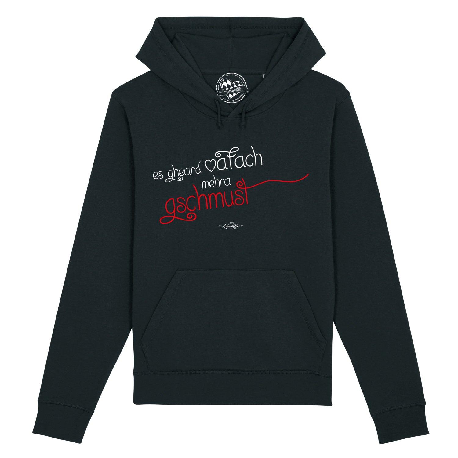 Damen Hoodie in Hellgrau mit Kapuze, Frontprint „gschmust“, Kordelzug, Bio-Baumwolle, recyceltes Polyester.
