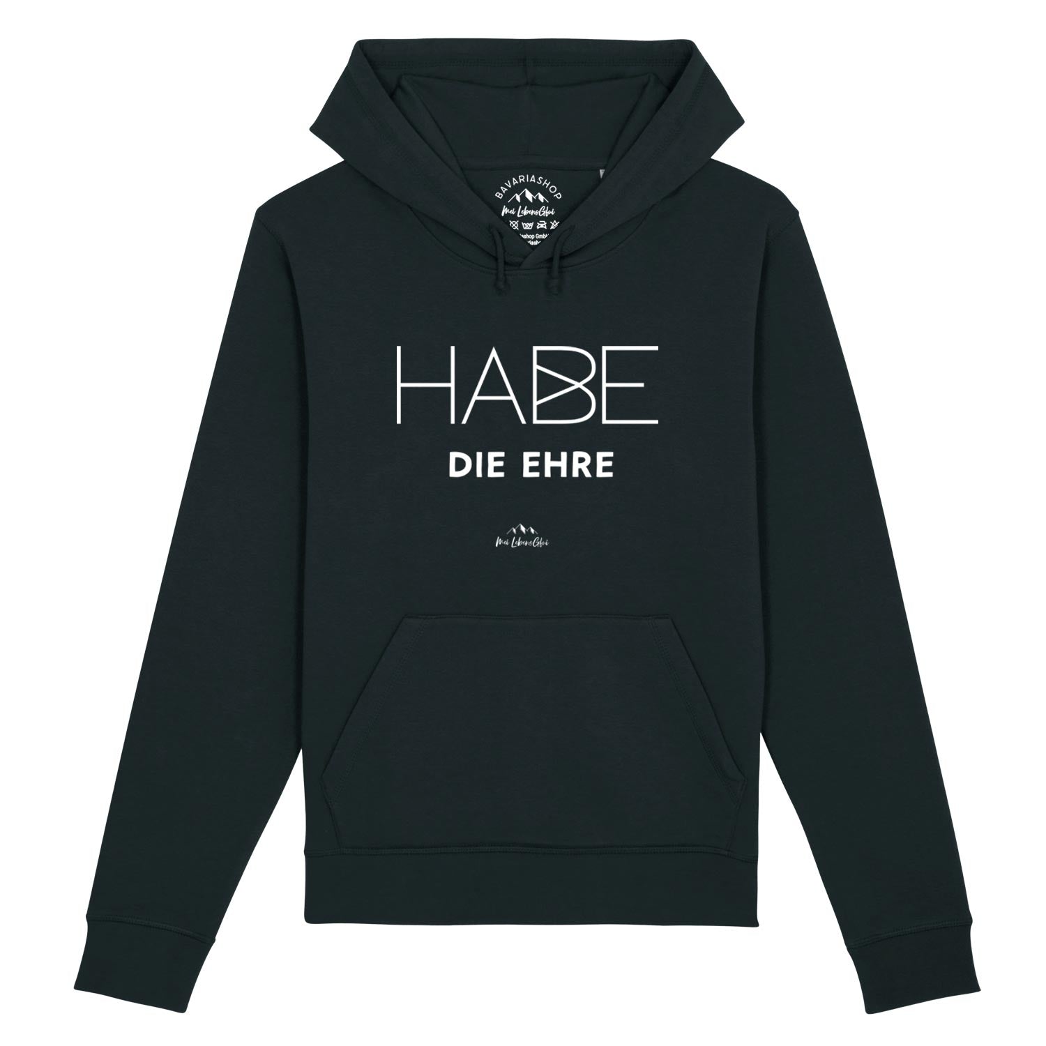 Damen Hoodie mit Frontdruck „Habe die Ehre“, Kapuze und Kängurutasche aus Bio-Baumwollmix in Schwarz.