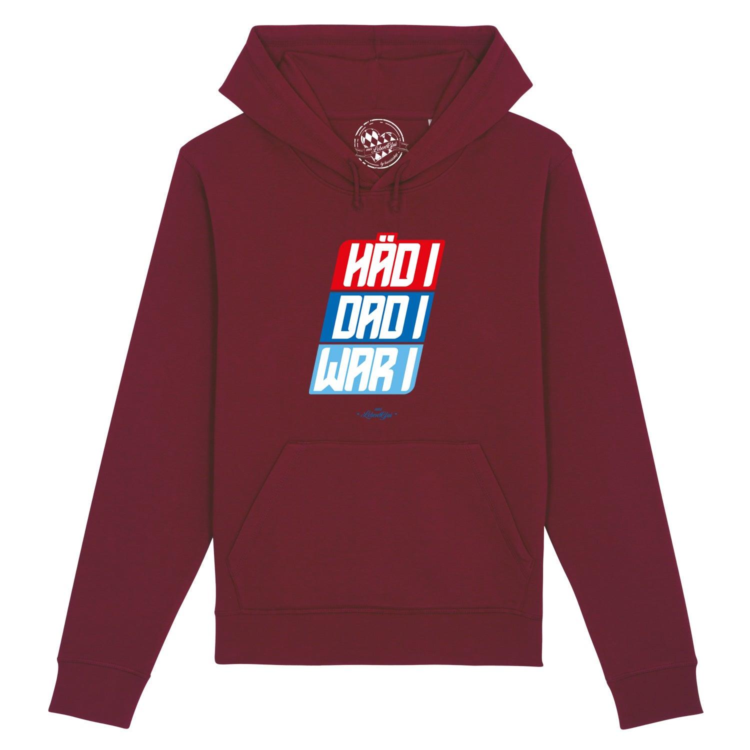 Damen Hoodie in Dunkelblau mit bayerischem Schriftzug „Häd i, dar i, war i“, Kapuze, Kängurutasche, Bio-Baumwolle-Mix.