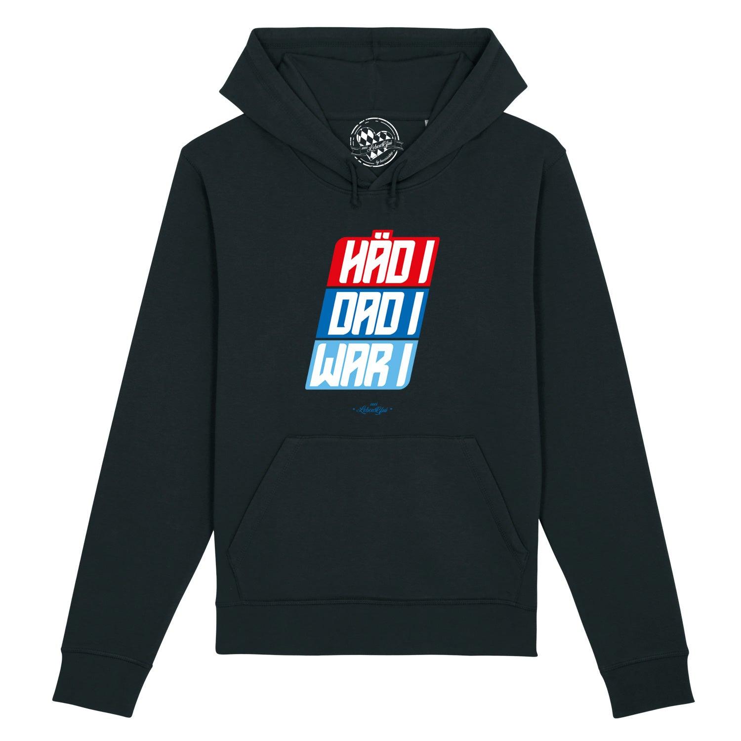 Damen-Hoodie in Dunkelblau mit weißem Frontprint „Häd i, dar i, war i“, Kapuze und Kängurutasche, Bio-Baumwolle.
