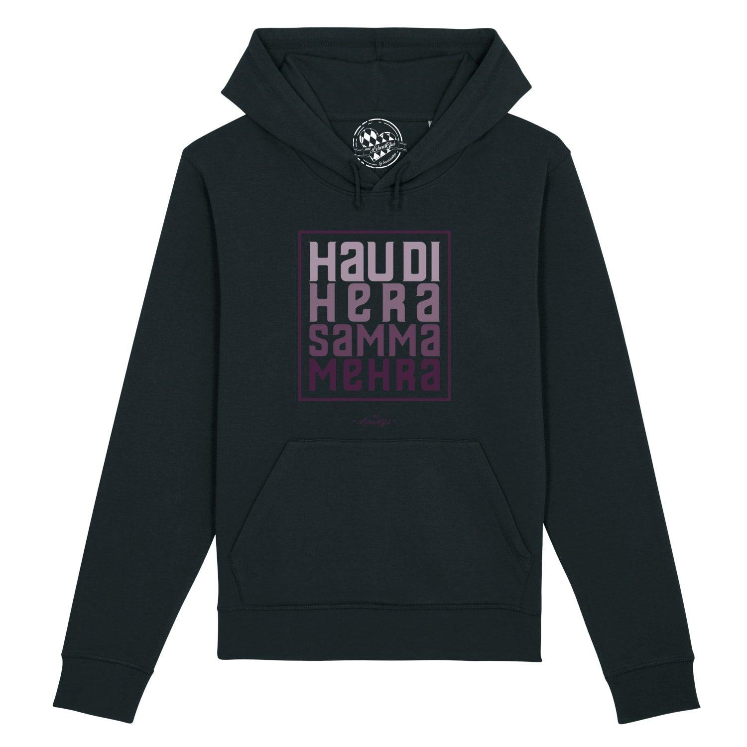 Damen Hoodie in Dunkelgrau mit weißem „Hau di hera“-Schriftzug, Kapuze, Kängurutasche, Bio-Baumwolle-Mix.