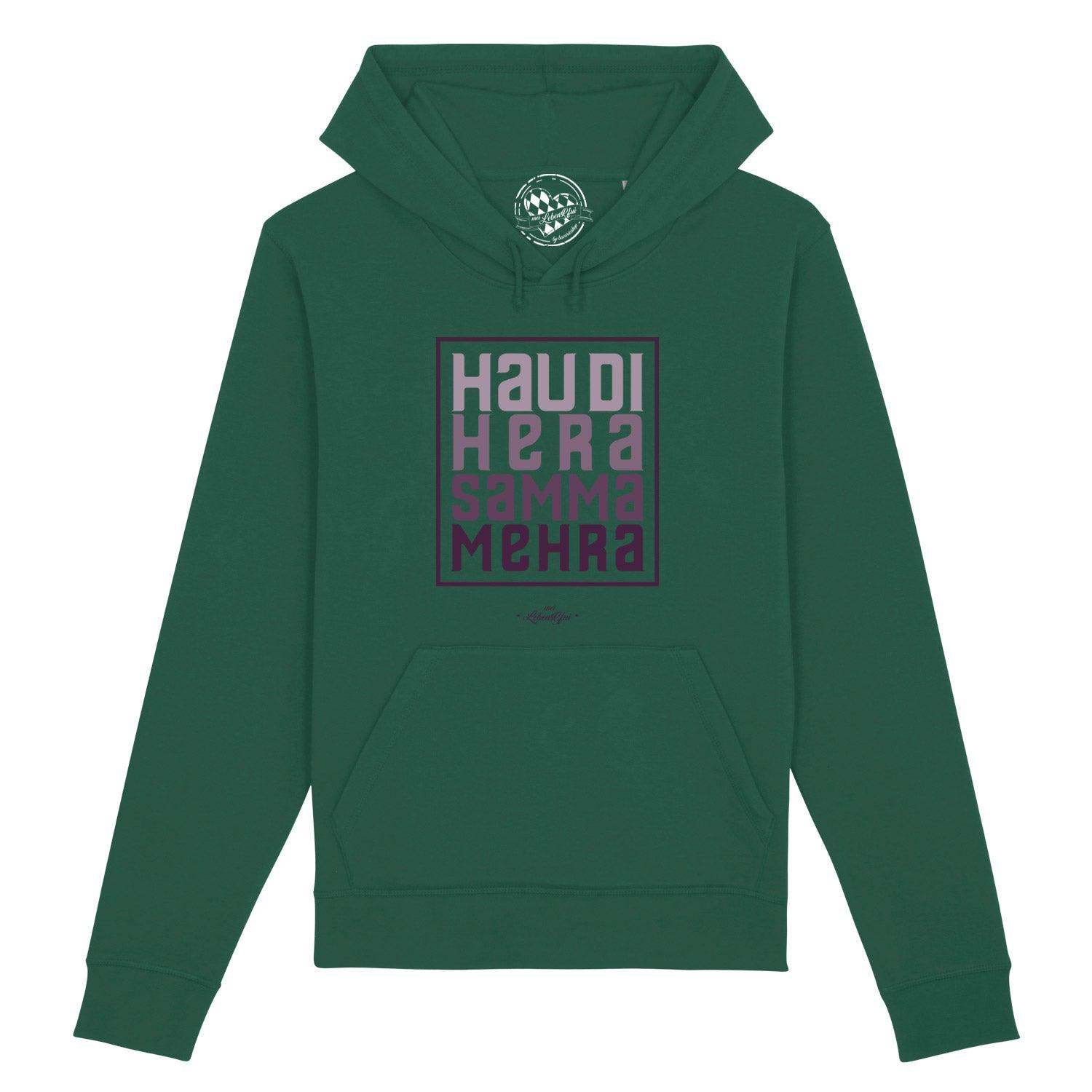 Damen Hoodie in Schwarz mit weißem Frontprint „Hau di hera“, Kapuze, Kängurutasche, Bio-Baumwolle-Mix.
