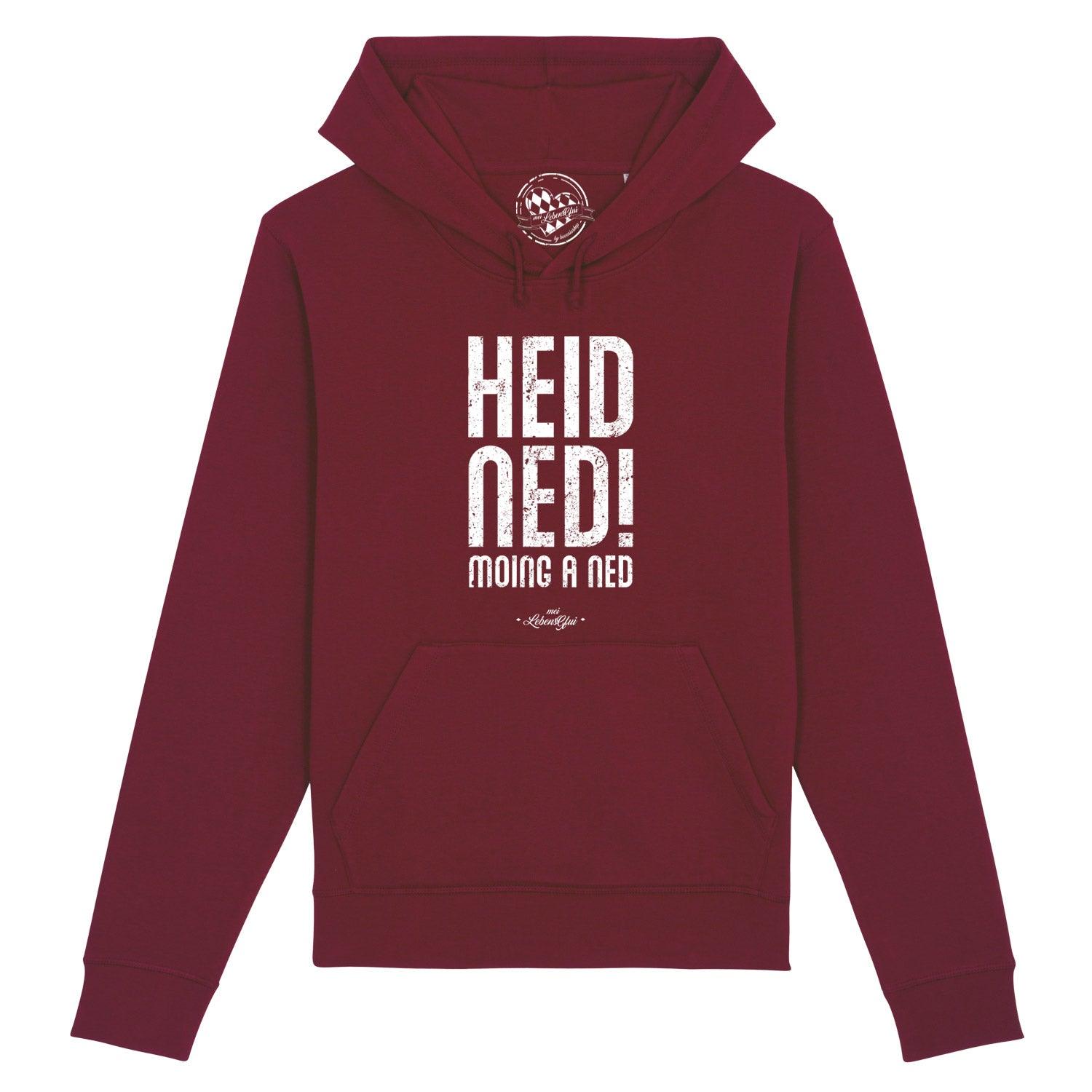 Damen Hoodie in Dunkelblau mit weißem Front-Schriftzug „Heid ned moing a ned“, Kapuze, Bio-Baumwollmix.