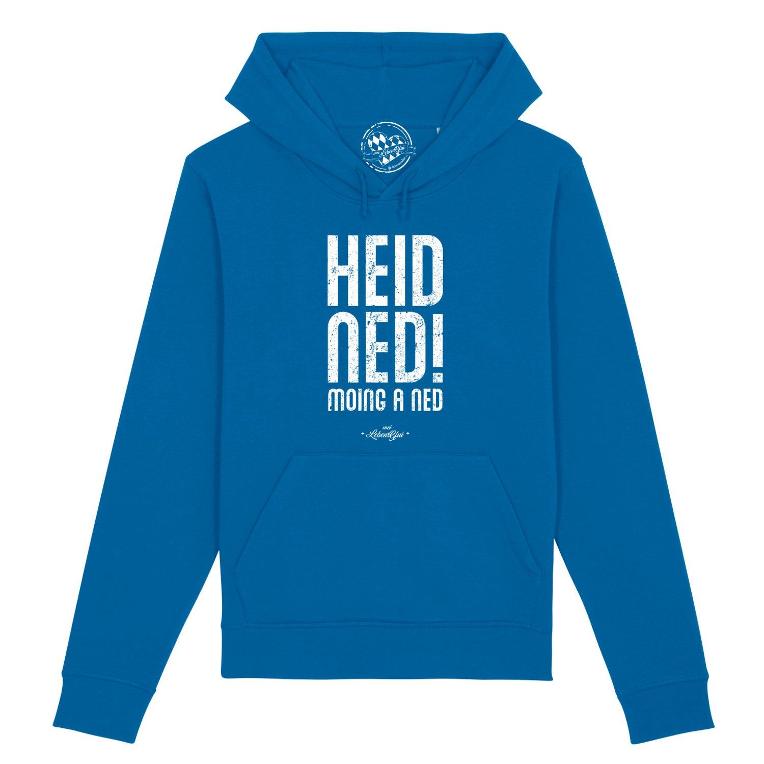 Damen Hoodie in Dunkelgrau mit weißem Schriftzug „Heid ned, moing a ned“, Kängurutasche, Bio-Baumwollmix.
