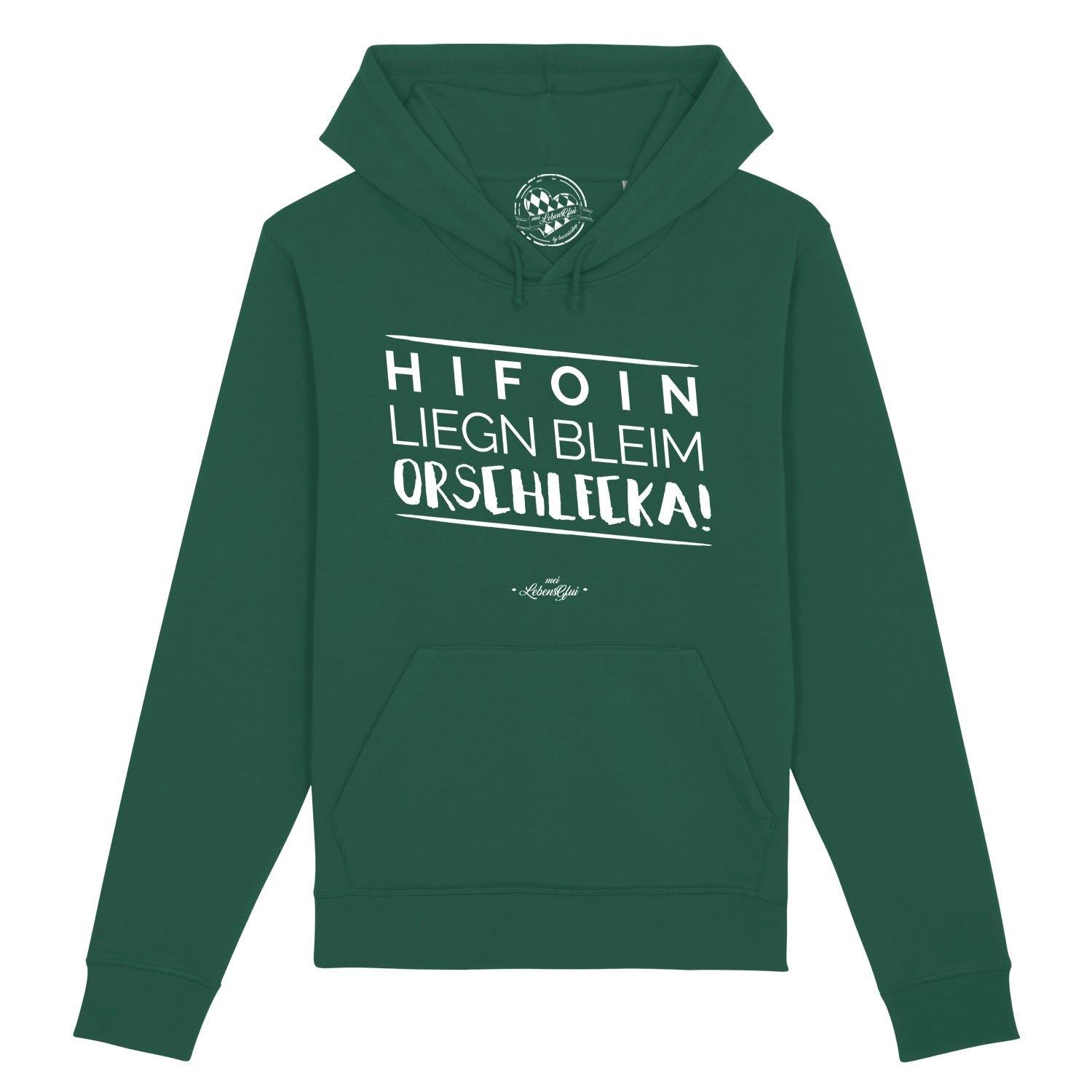 Damen Hoodie mit Kapuze und Kängurutasche, Frontprint „Hifoin liegn bleim...“, Bio-Baumwollmix, legerer Schnitt.