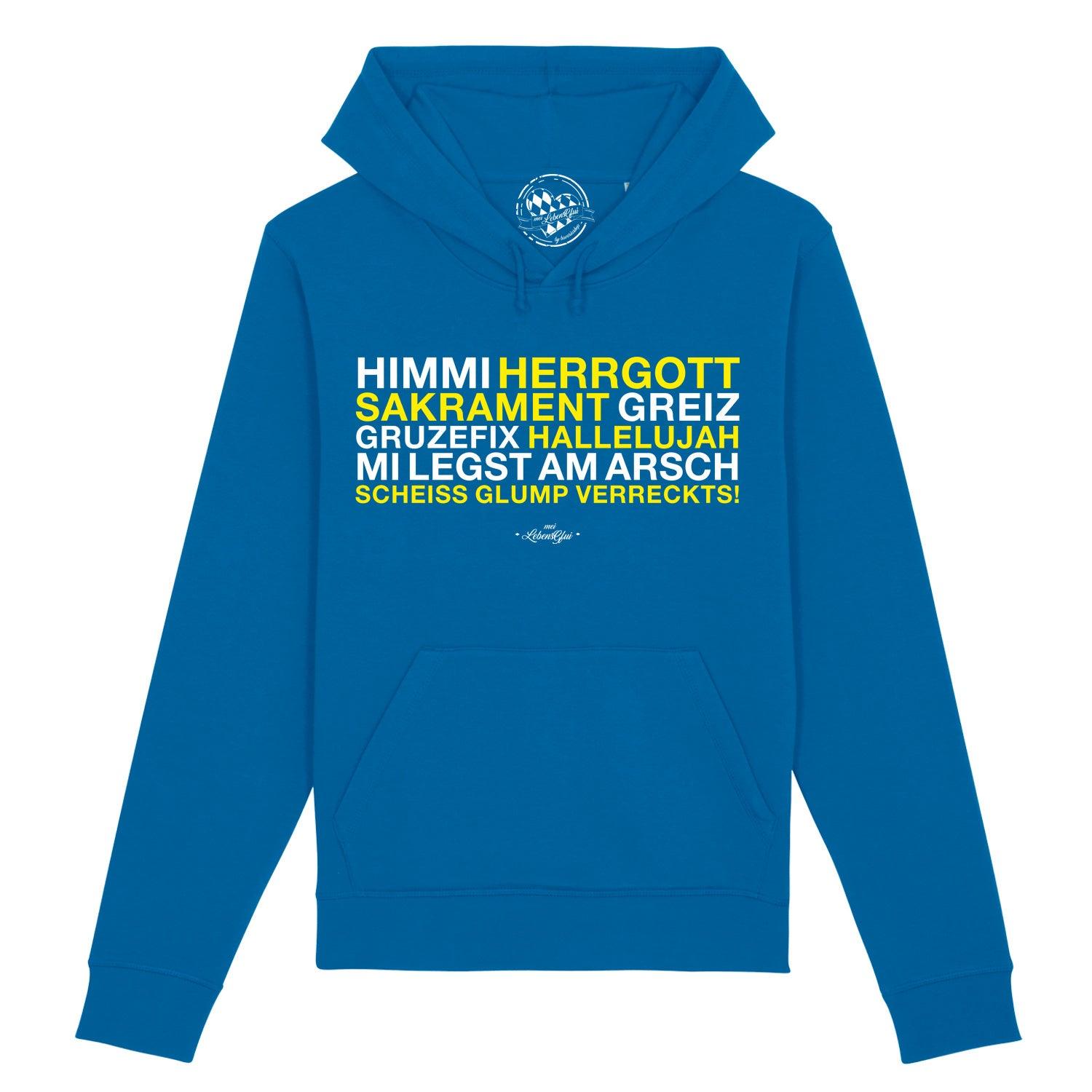 Damen Hoodie in Grau mit Kapuze, Frontprint „Himmi Herrgott“ in Weiß, aus Bio-Baumwolle und recyceltem Polyester.