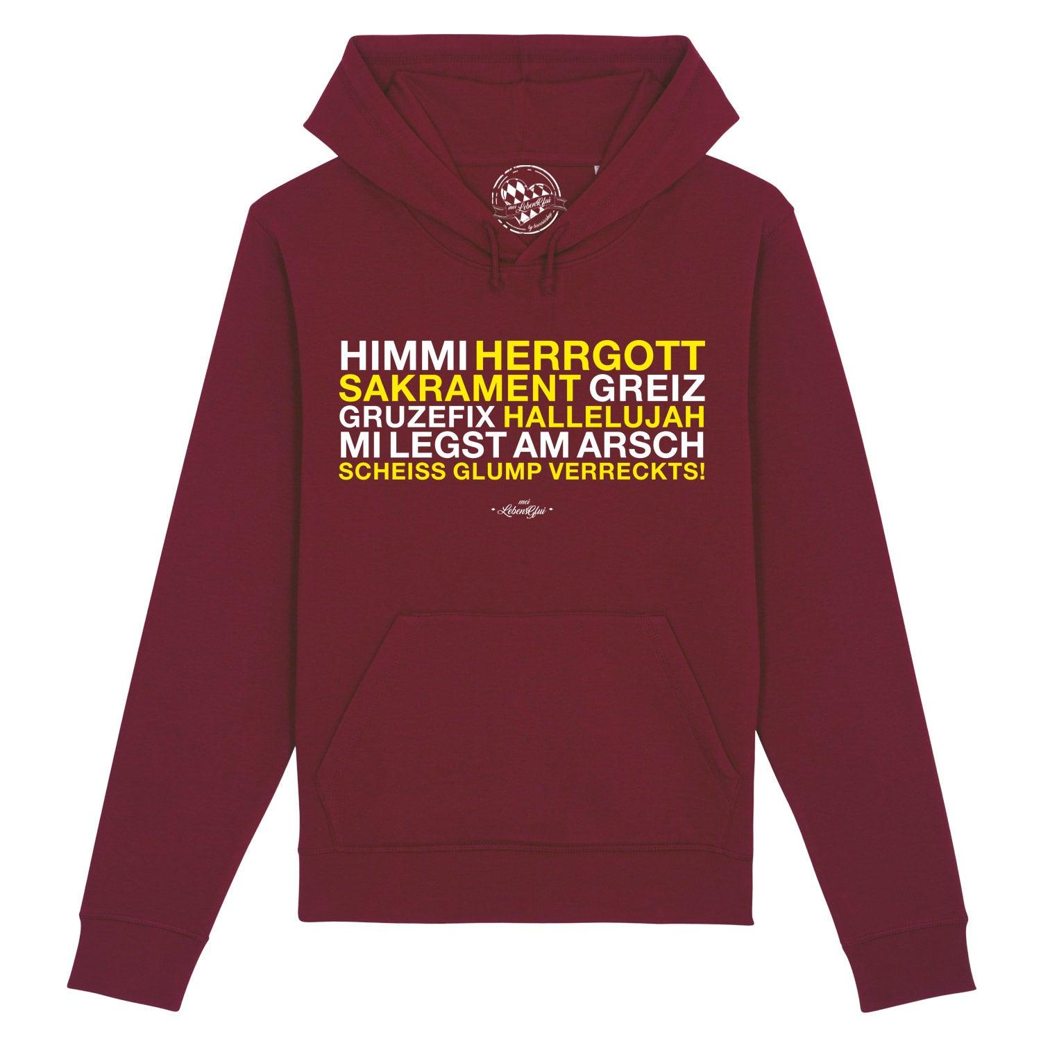 Damen Hoodie in Dunkelgrau mit weißem Aufdruck "Himmi Herrgott", Kapuze, Kängurutasche, Bio-Baumwolle-Mix.
