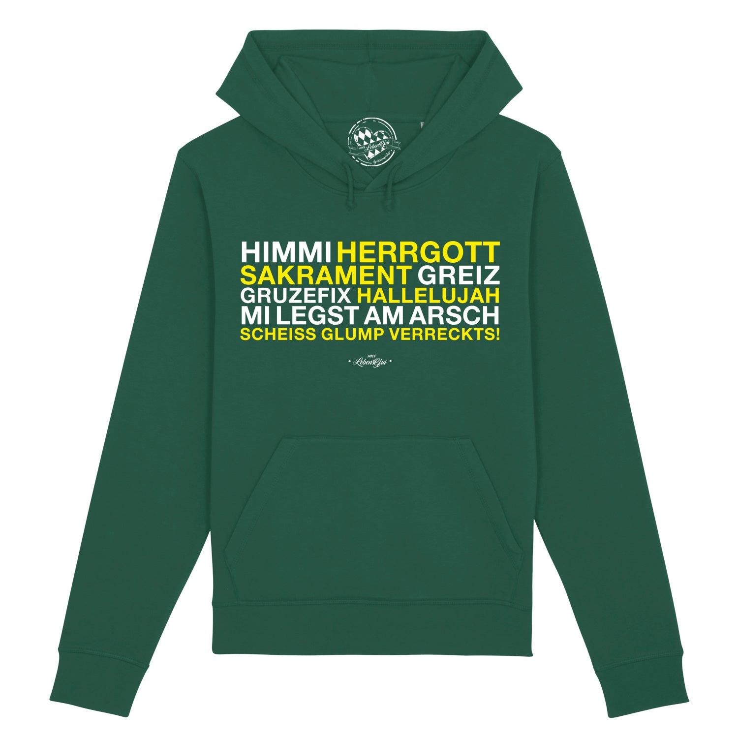 Damen Hoodie in Dunkelblau mit weißem „Himmi Herrgott“-Schriftzug, Kapuze, Kängurutasche, Bio-Baumwolle-Mix.
