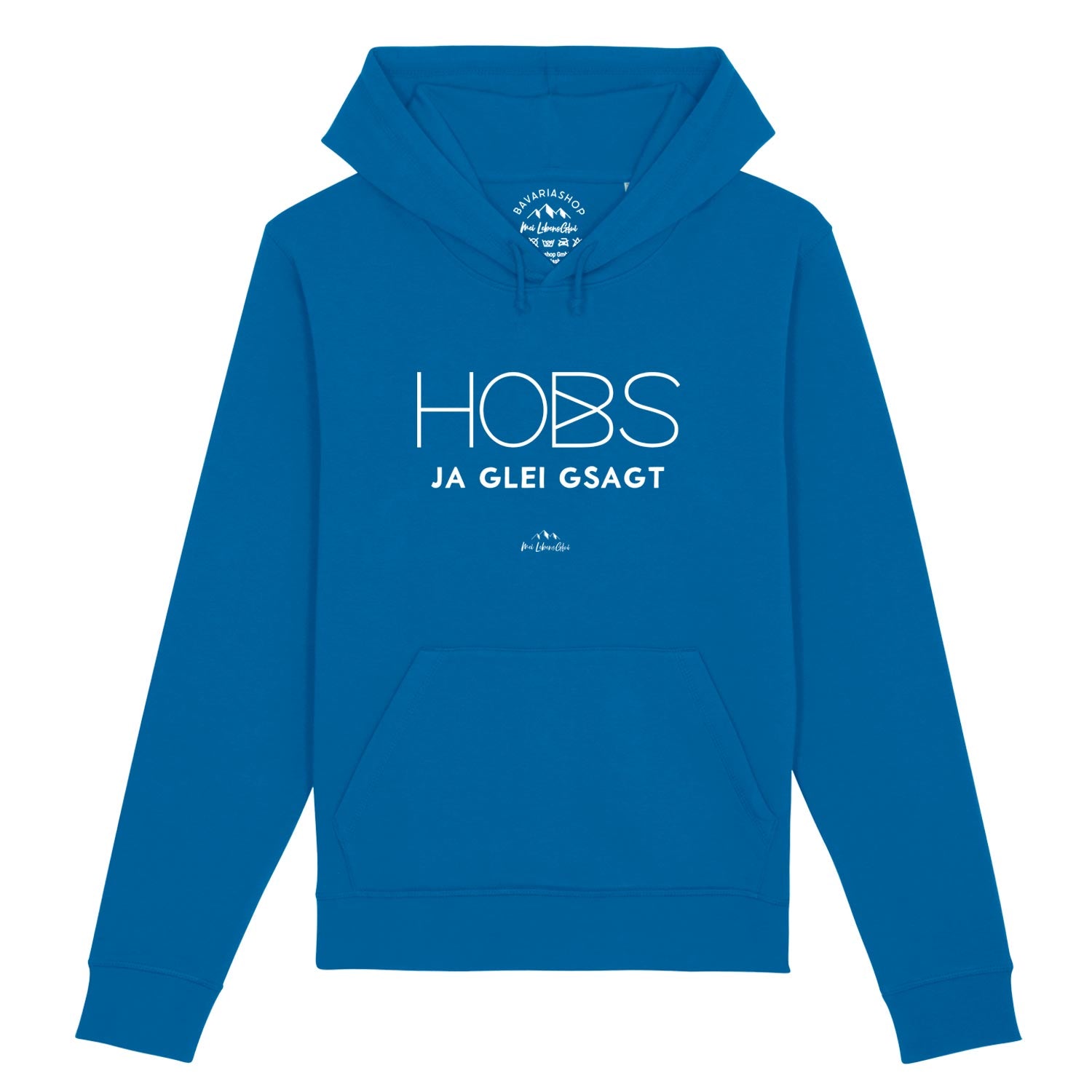 Damen Hoodie mit Kapuze und Kängurutasche, Frontprint „Hobs ja glei gsagt“, royalblau, Bio-Baumwollmix.