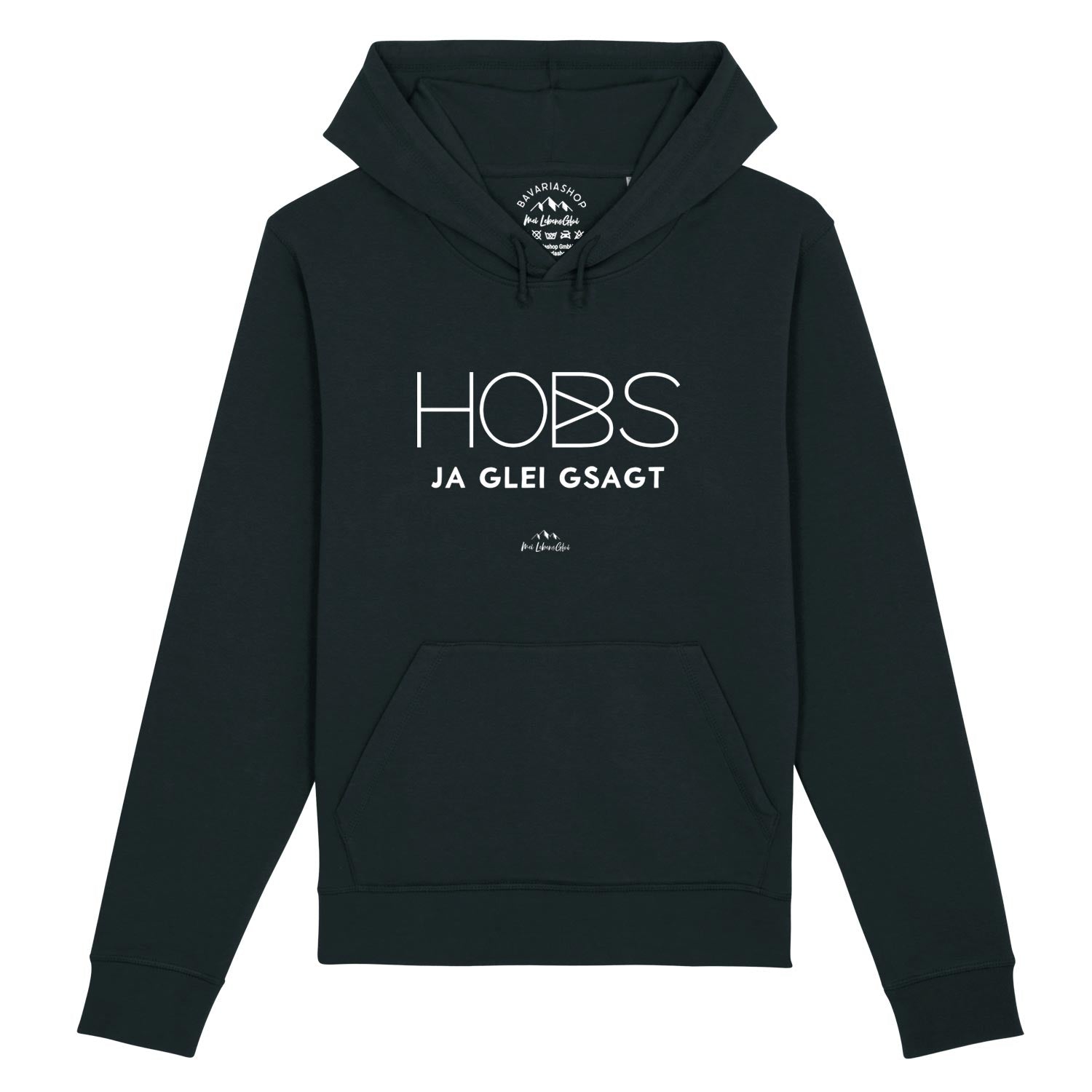 Damen Hoodie mit Kapuze und Kängurutasche, Frontprint „Hobs ja glei gsagt“, aus Bio-Baumwolle & Recycling-Polyester.