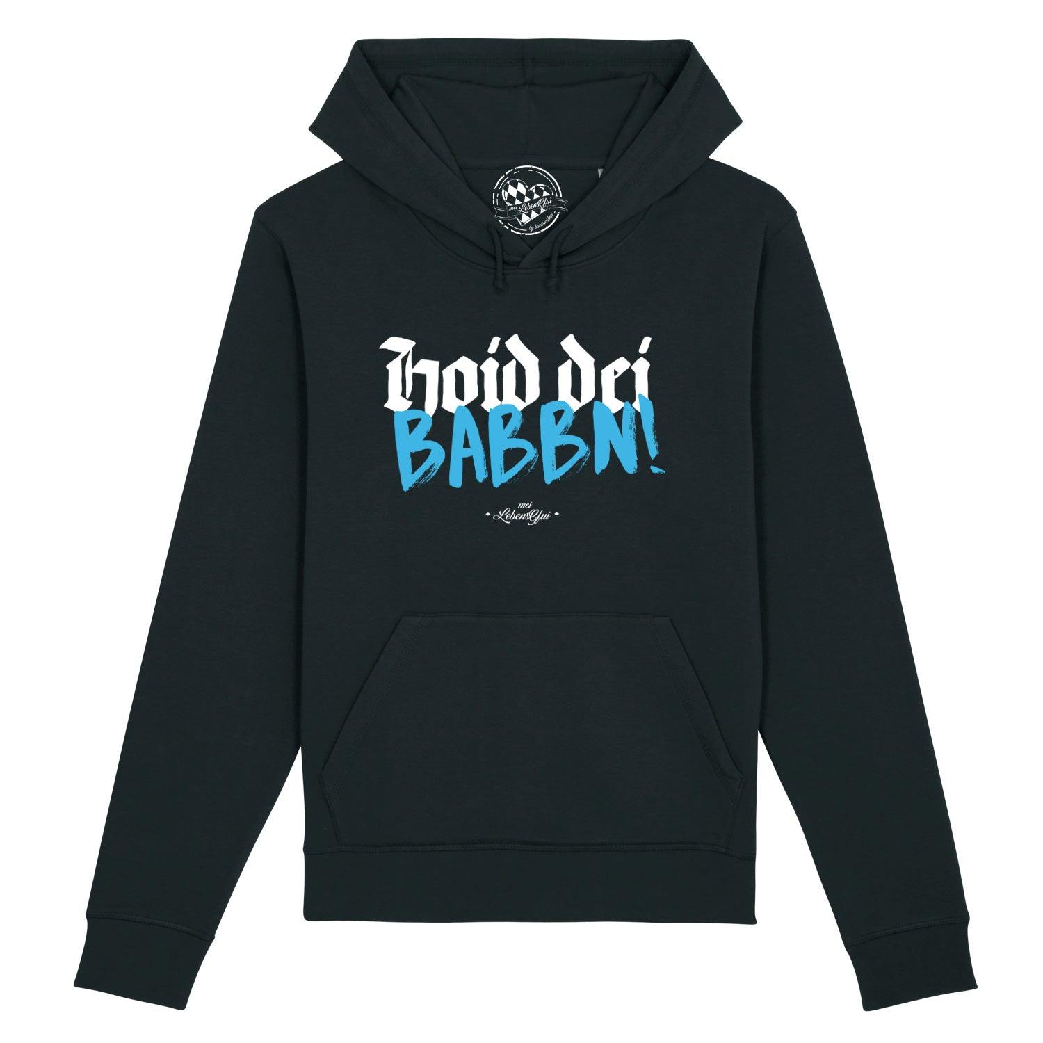 Damen Hoodie in Dunkelblau mit weißem Aufdruck „Hoid dei Babbn“, Kapuze, Kängurutasche, Bio-Baumwollmix.