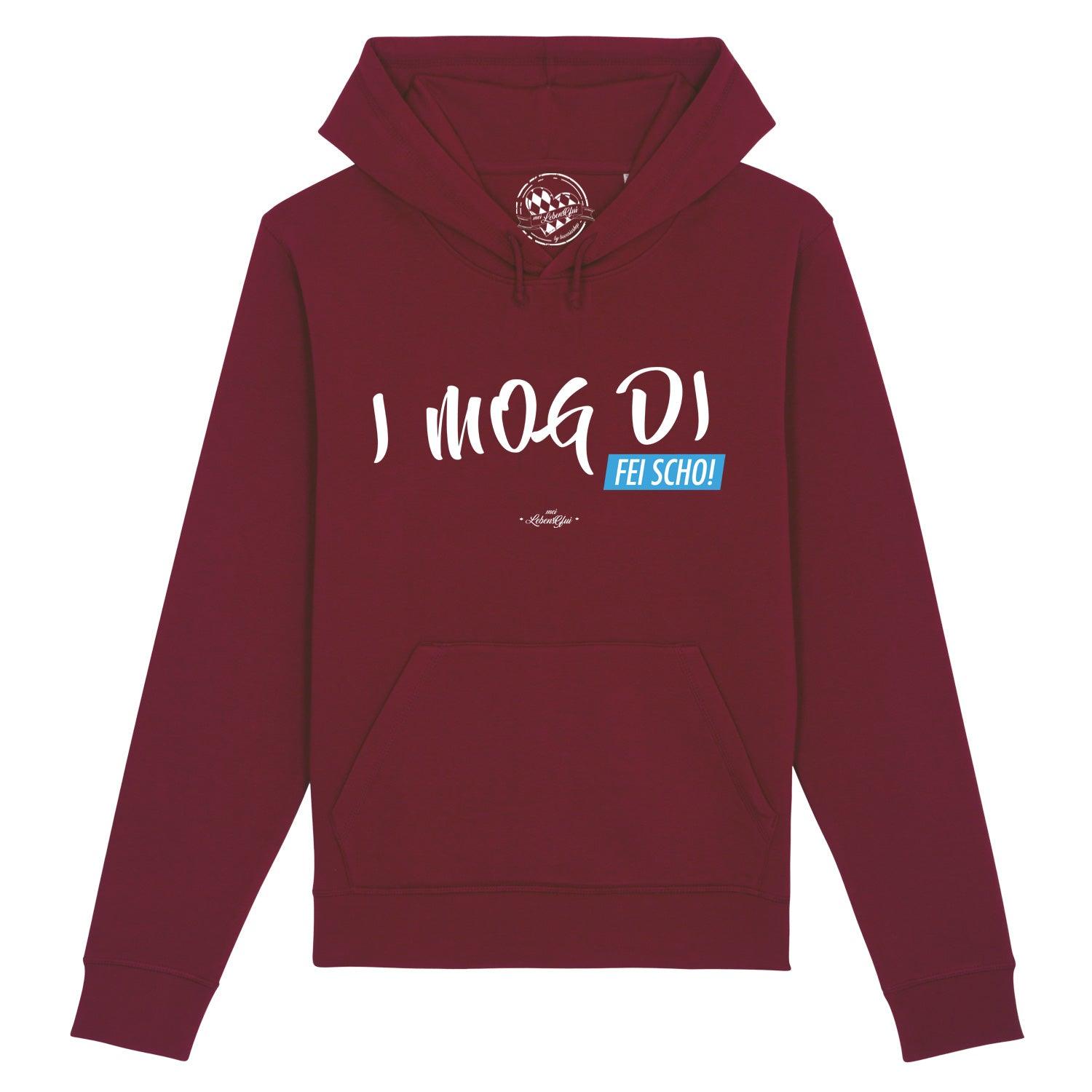 Grauer Damen Hoodie mit weißem Frontprint „I MOG DI, fei scho“ im bayerischen Dialekt, Kapuze, Kängurutasche; aus 85 % Bio-Baumwolle, 15 % recyceltem Polyester.