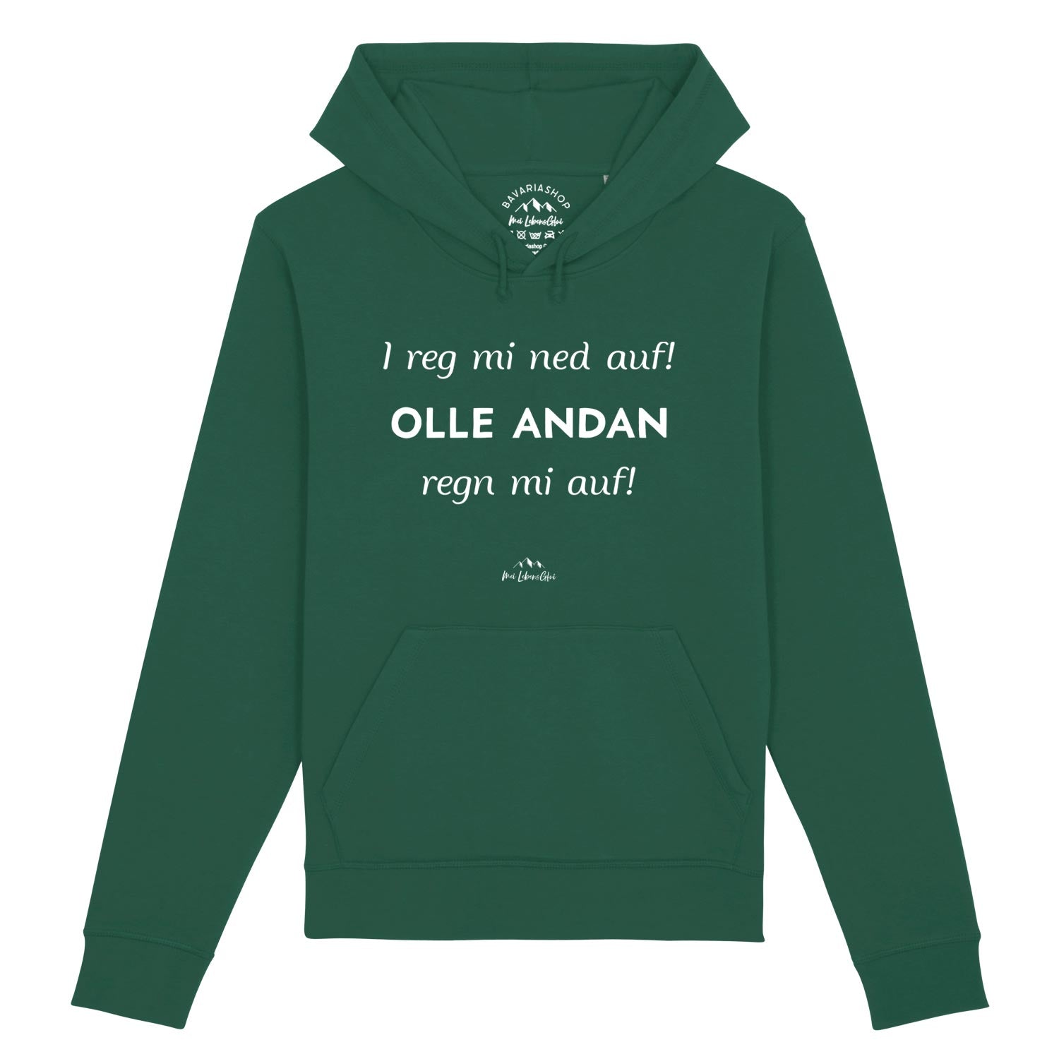 Damen Hoodie mit Kapuze und Kängurutasche, Frontprint „I reg mi ned auf…“, aus Bio-Baumwolle und Recycling-Polyester.