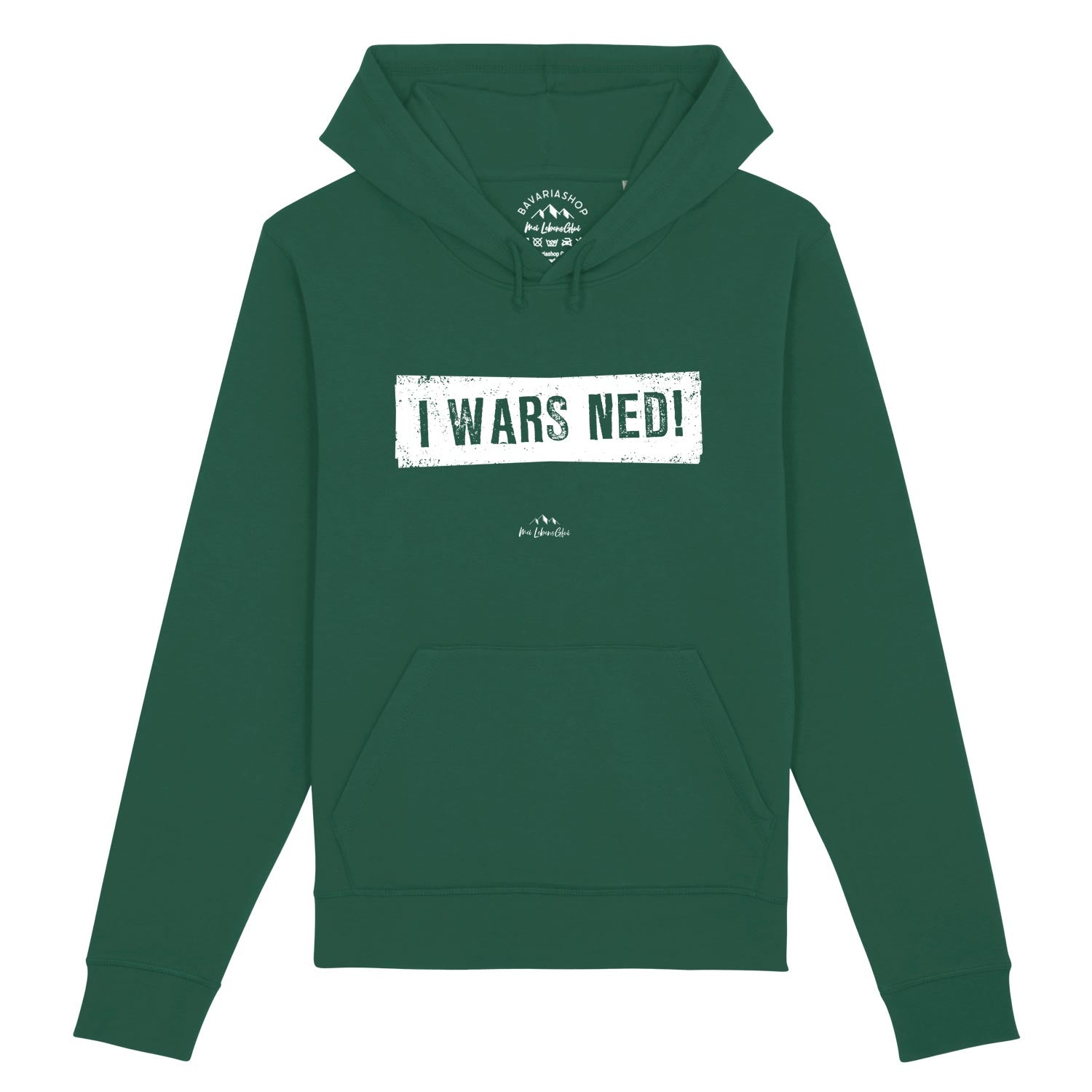 Damen Hoodie mit Frontprint „I wars ned!”, Kapuze mit Kordelzug, Kängurutasche, aus Bio-Baumwolle und Recycling-Polyester.