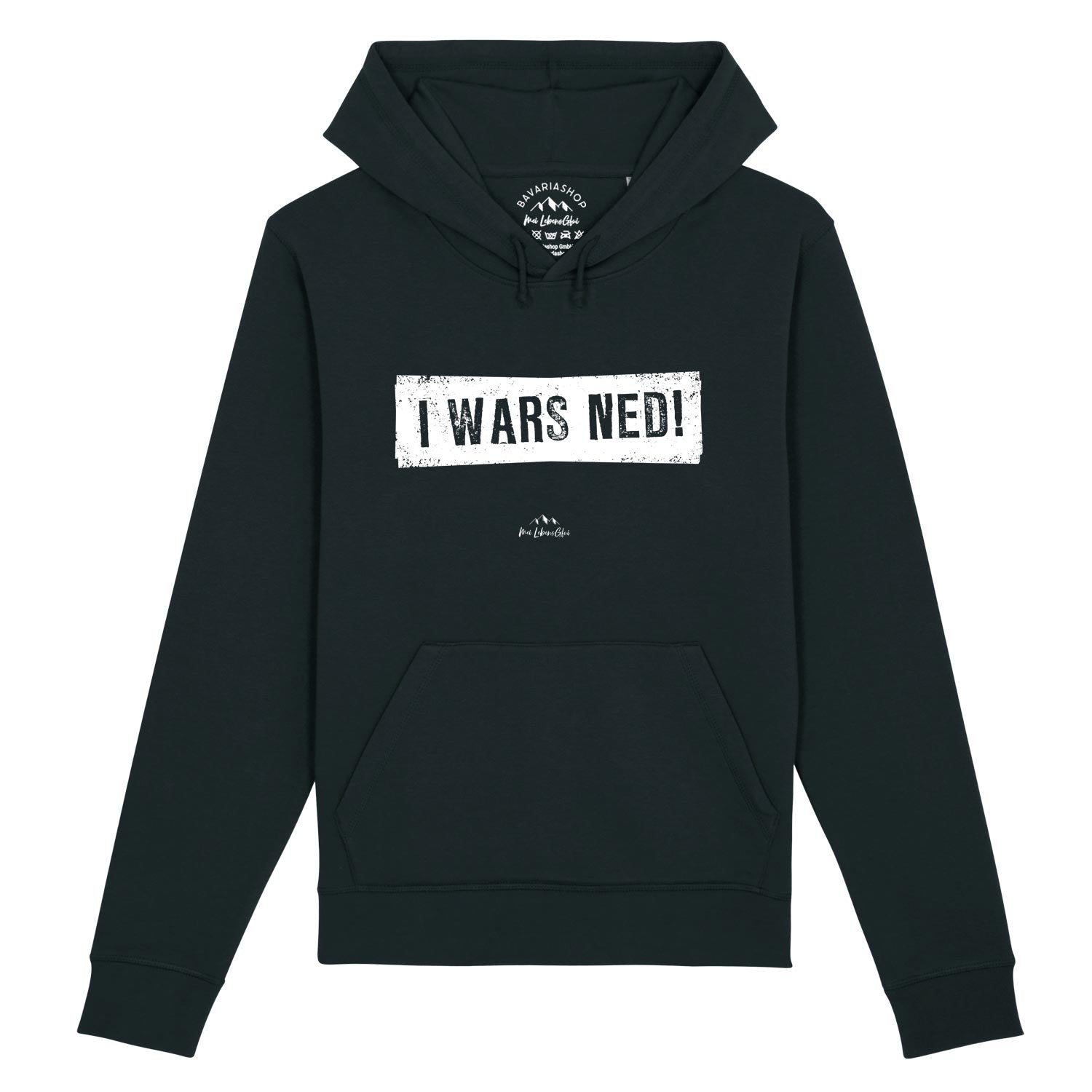 Damen Hoodie mit Kapuze und Frontprint „I wars ned!“, sichtbarer Kordelzug, gefertigt aus Bio-Baumwolle.
