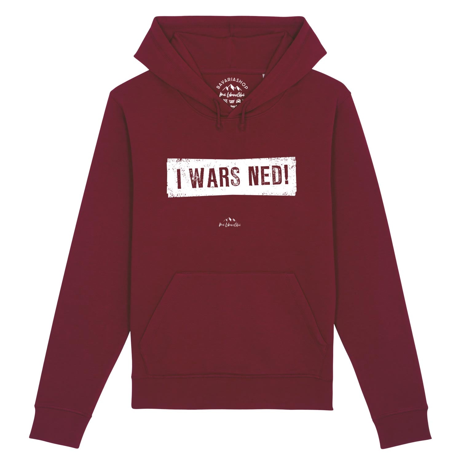 Damen Hoodie mit Kapuze und Kängurutasche, vorderseitiger Schriftzug „I wars ned!“, weinrot, Bio-Baumwollmix.