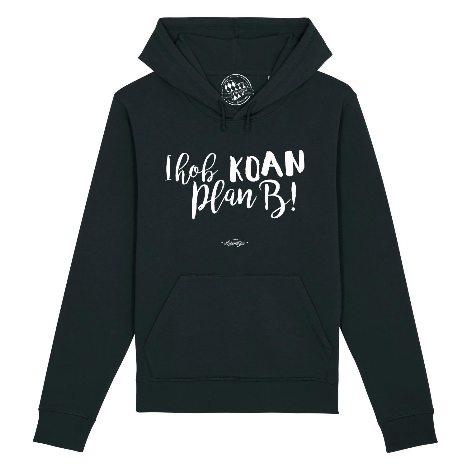 Damen Hoodie mit Kapuze und Fronttasche, sichtbarer Schriftzug „Koan Plan B...“, hergestellt aus Bio-Baumwolle und recyceltem Polyester.