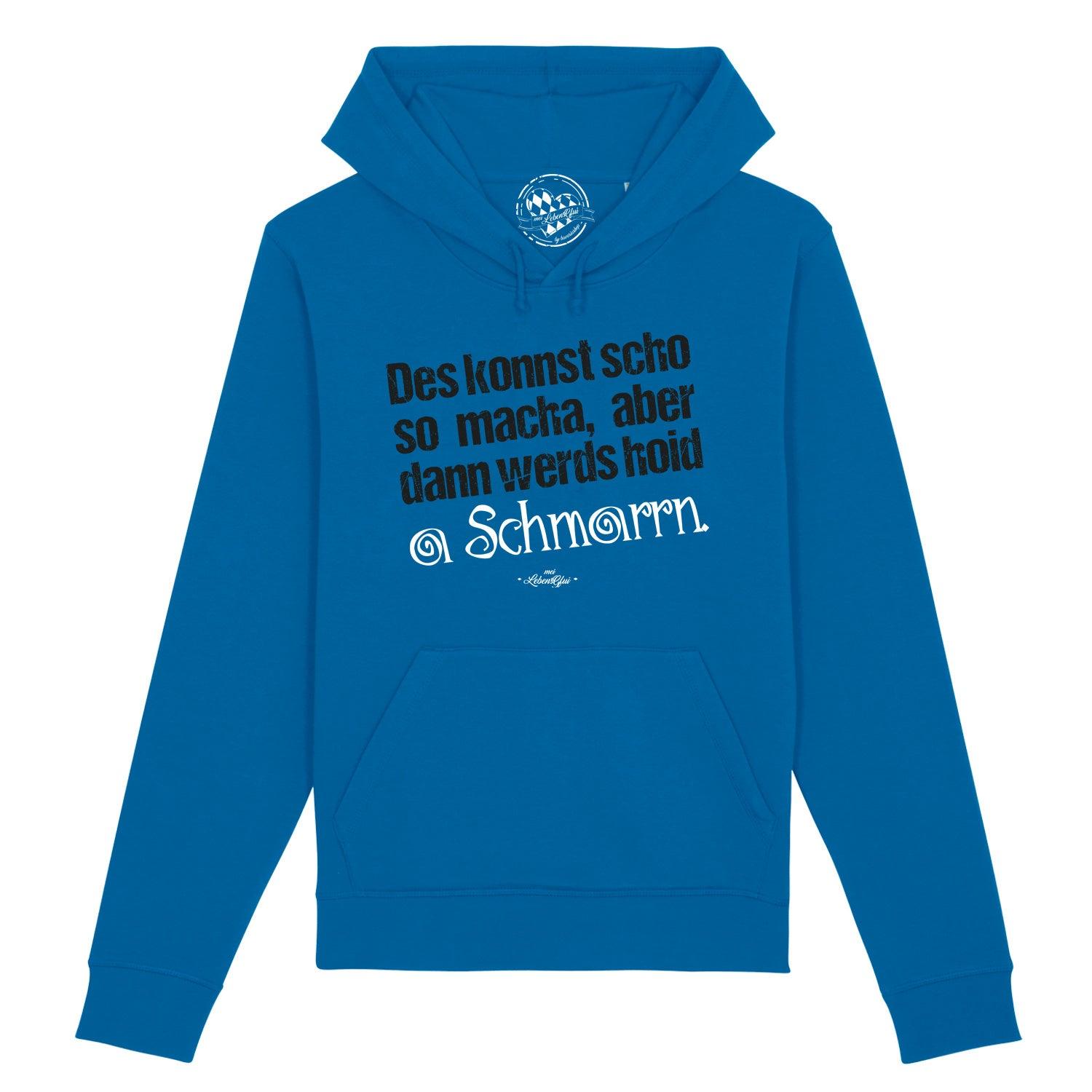 Damen Hoodie in Grau mit Kapuze, Frontprint „Konnst scho so macha“, aus Bio-Baumwolle und recyceltem Polyester.
