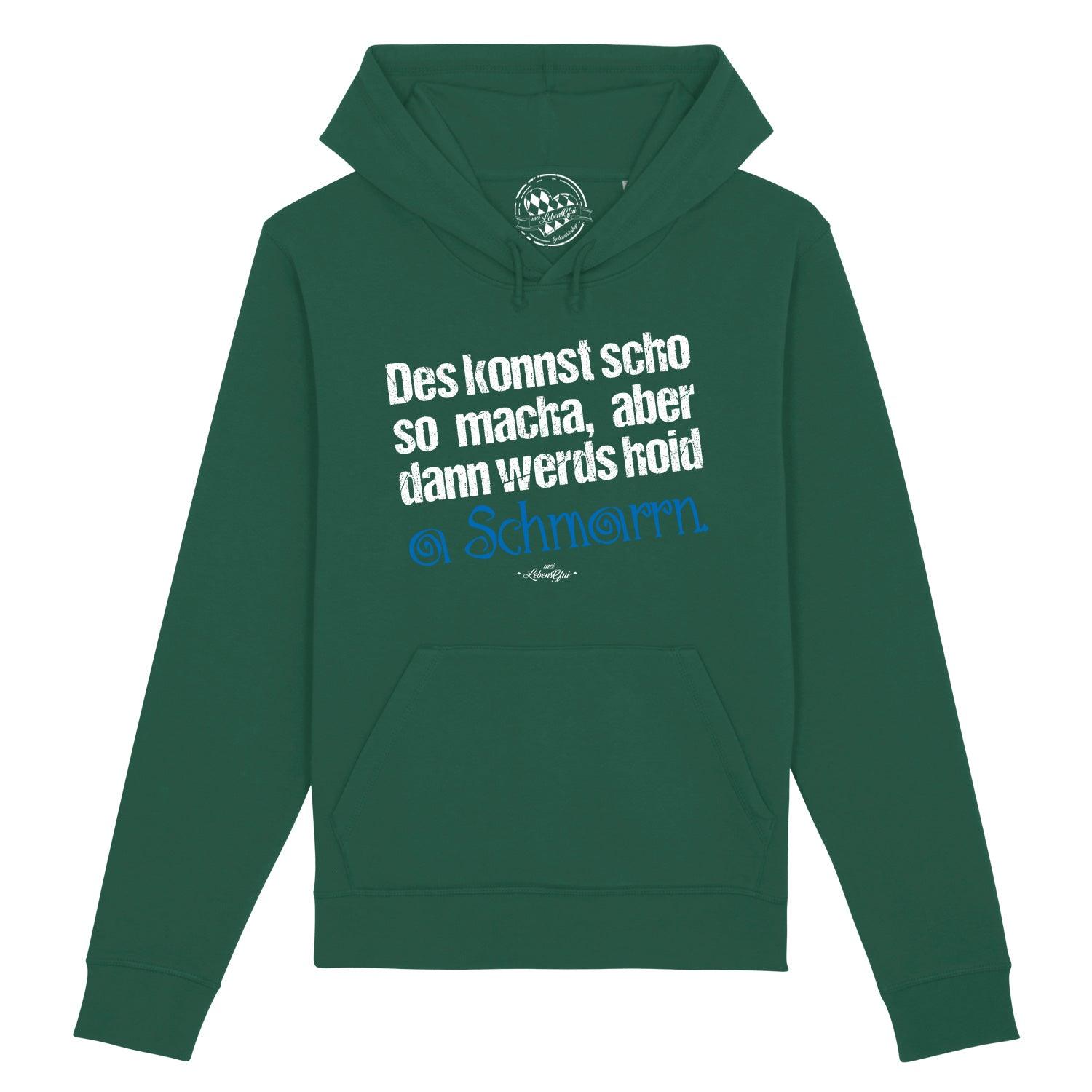 Hellgrauer Damen-Hoodie mit Kapuze, Fronttasche und dunkelblauem Schriftzug „Konnst scho so macha“; 85 % Bio-Baumwolle, 15 % recyceltes Polyester.