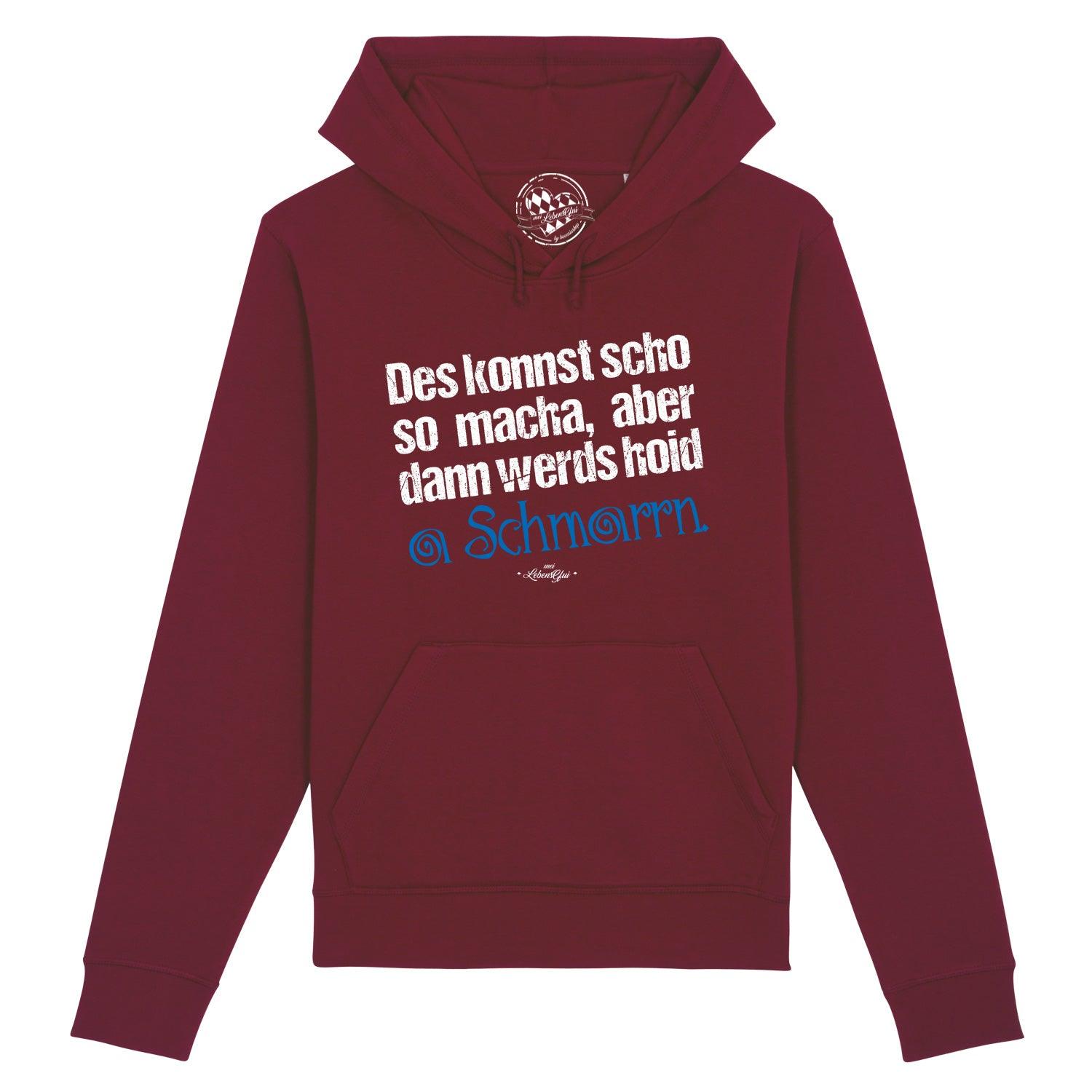 Damen Hoodie in Grau mit Kapuze, Frontprint „Konnst scho so macha“, Kängurutasche, Bio-Baumwollmix.