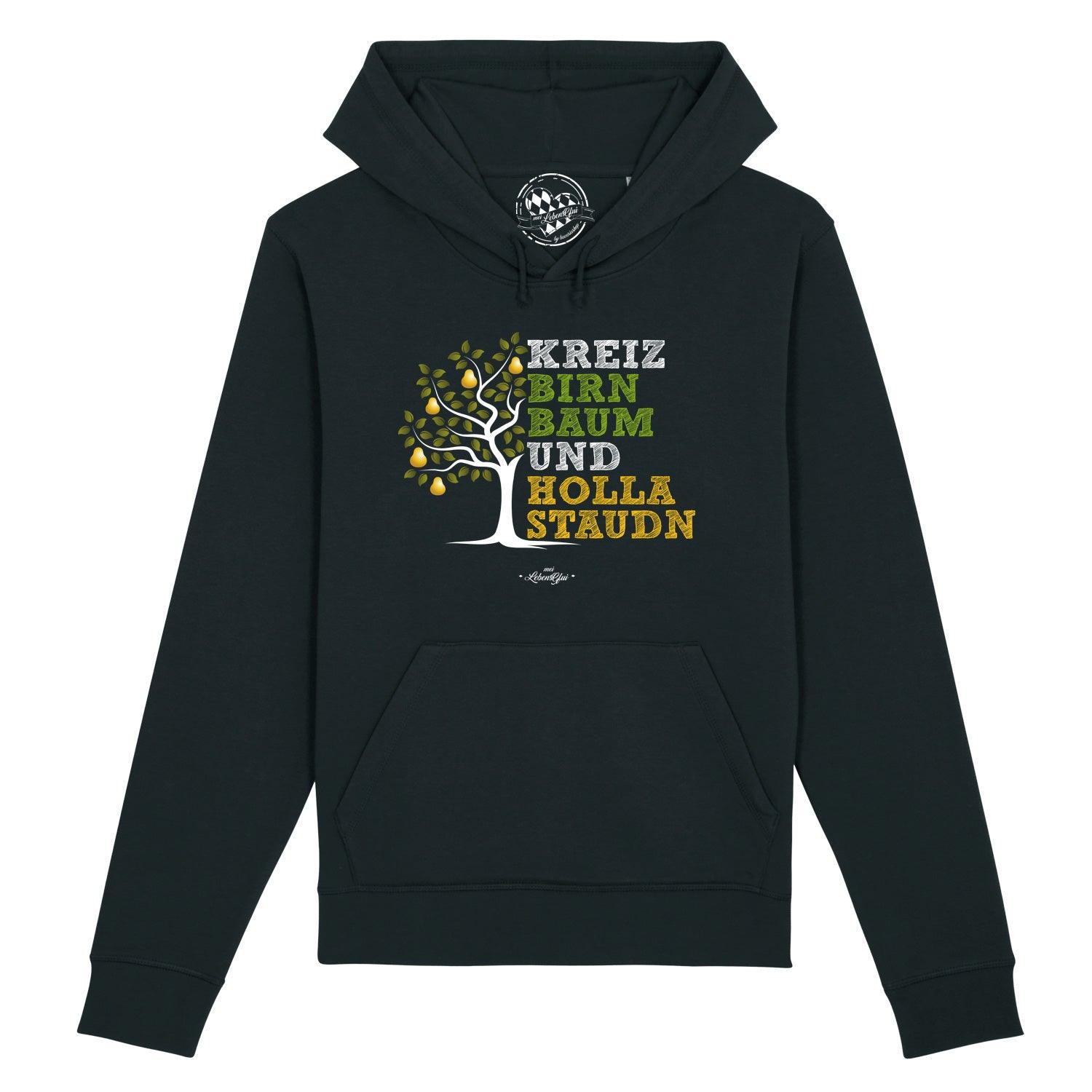 Damen Hoodie Kreizbirnbaum in Schwarz mit Birnbaum-Motiv und Schriftzug vorn.