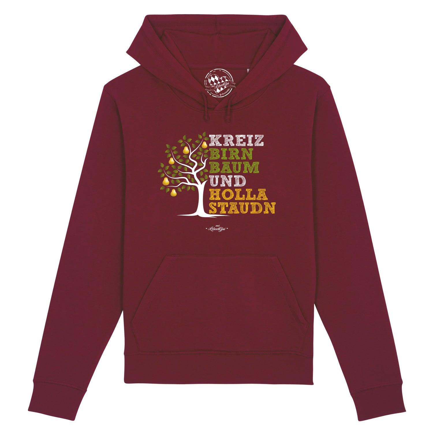 Damen Hoodie "Kreizbirnbaum" in Bordeauxrot mit weißem Birnbaum-Motiv und Schriftzug auf der Brust.