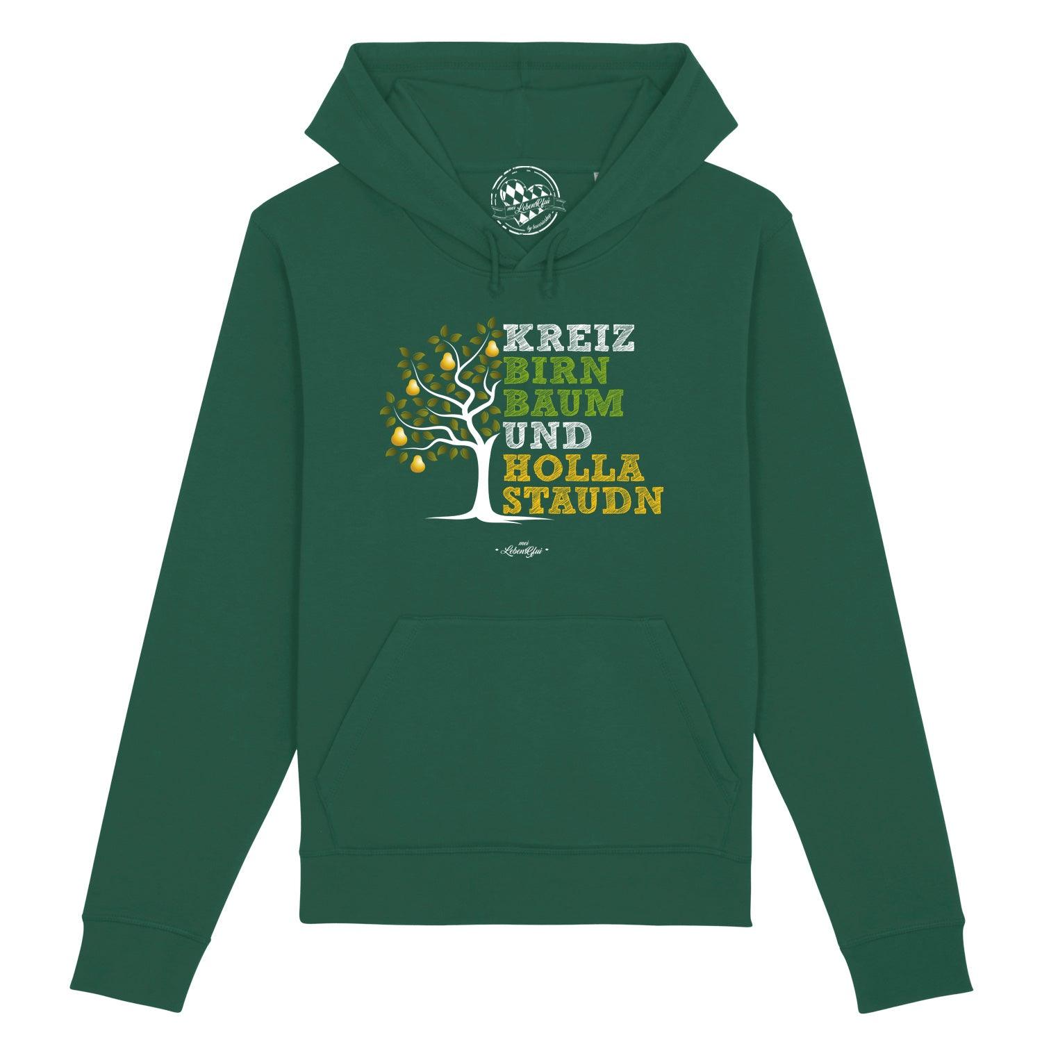 Damen Hoodie Kreizbirnbaum in Dunkelgrün mit Birnbaum Grafik und weißem Spruch.