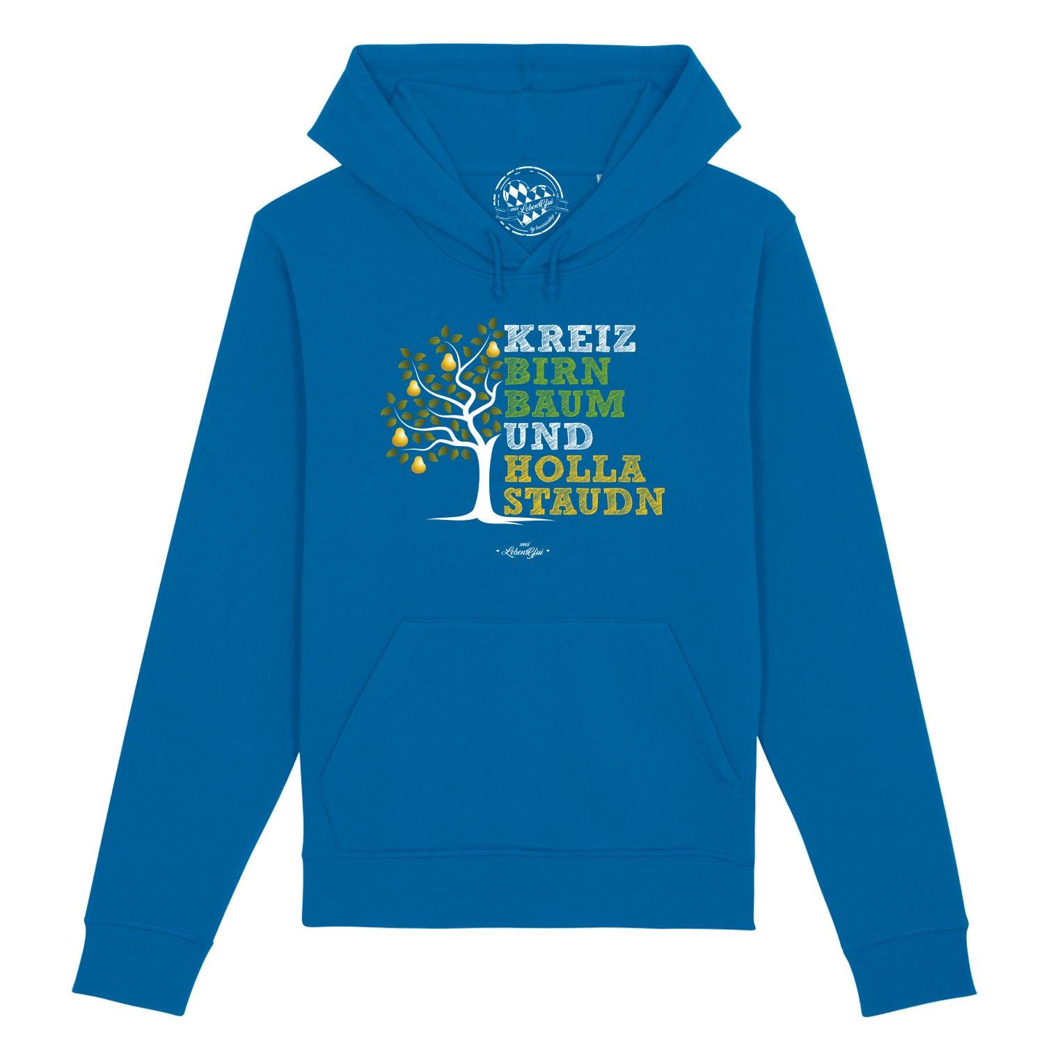 Blauer Damen Hoodie "Kreizbirnbaum" mit hellem Aufdruck "KREIZ BIRNBAUM UND HOLLA STAUDN" und Illustration eines Birnenbaums.
