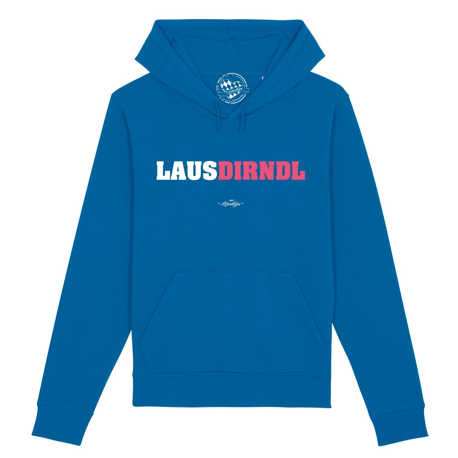 Damen Hoodie in Hellgrau mit schwarzem "Lausdirndl"-Schriftzug, Kapuze, Kängurutasche, Bio-Baumwollmix.
