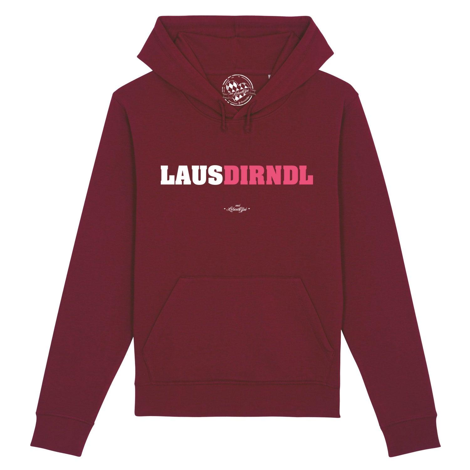 Grauer Damen-Hoodie mit Kapuze, Frontprint „Lausdirndl“ in Weiß, aus Bio-Baumwolle und recyceltem Polyester.