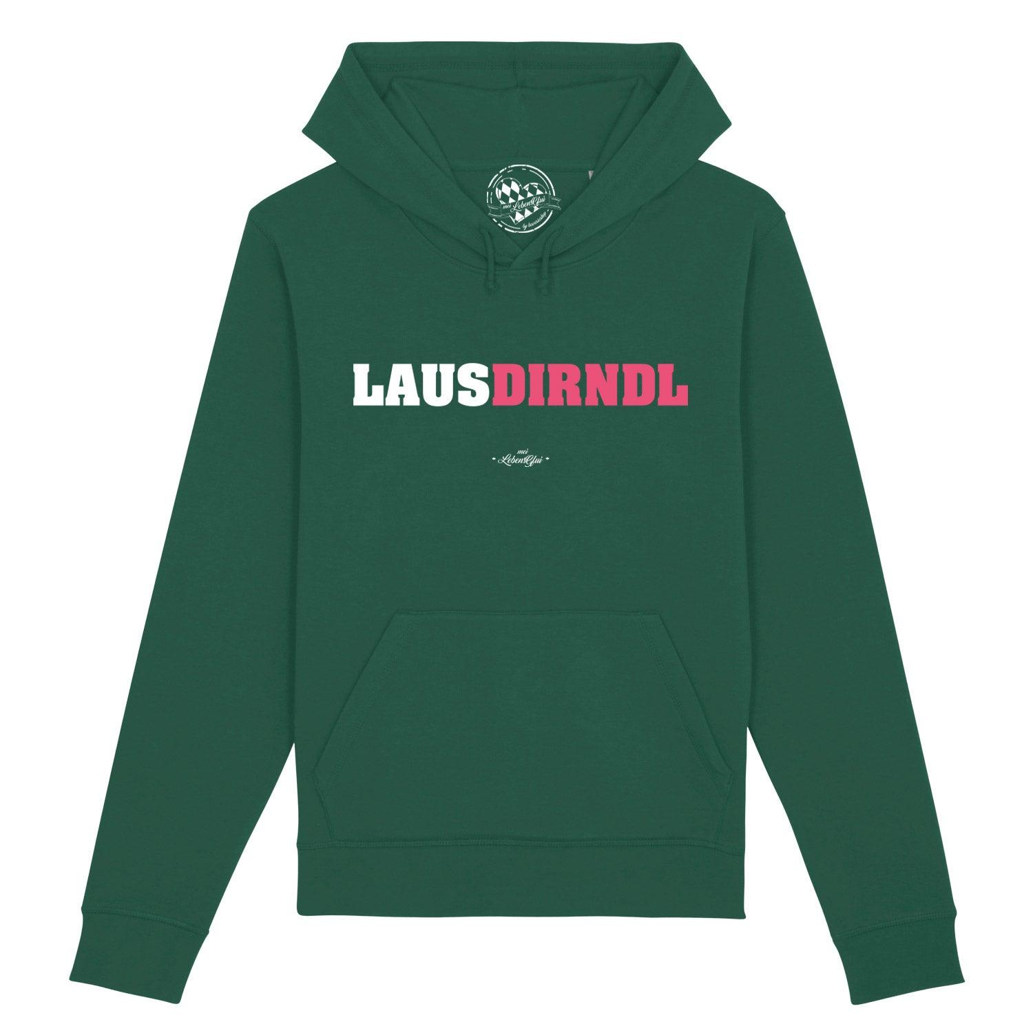 Damen Hoodie in Altrosa mit Kapuze, Frontprint „Lausdirndl“ in Weiß, aus Bio-Baumwolle und recyceltem Polyester.