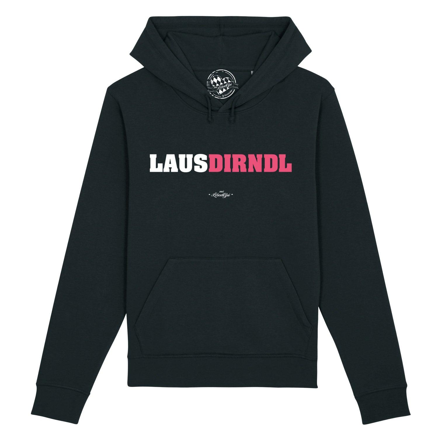 Damen Hoodie in Dunkelblau mit weißem „Lausdirndl“-Schriftzug, Kapuze, Kängurutasche, Bio-Baumwolle-Mix.