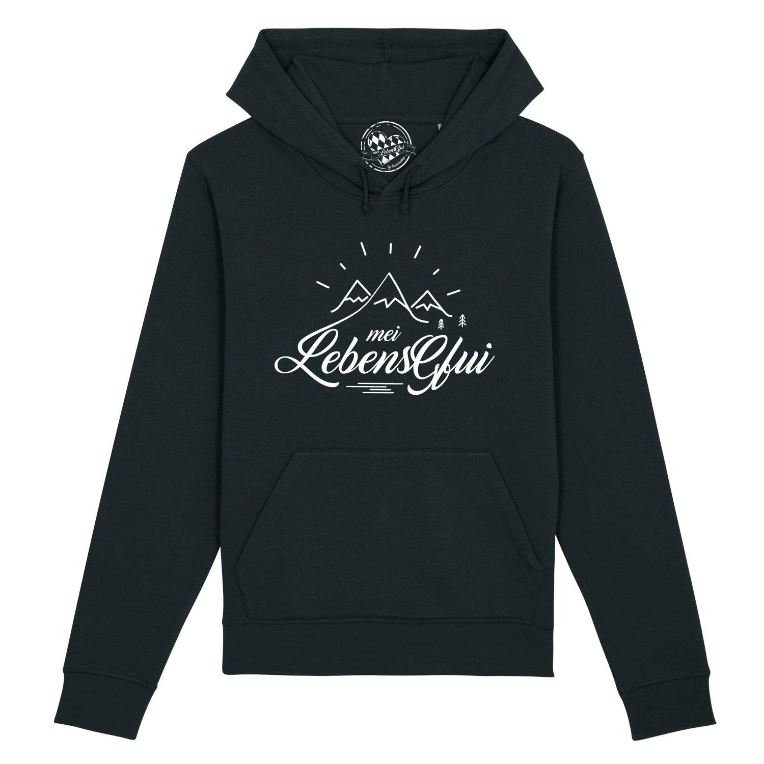 Damen Hoodie mit Kapuze und Kängurutasche, vorderseitigem Schriftzug "mei LebensGfui", aus Bio-Baumwollmix.