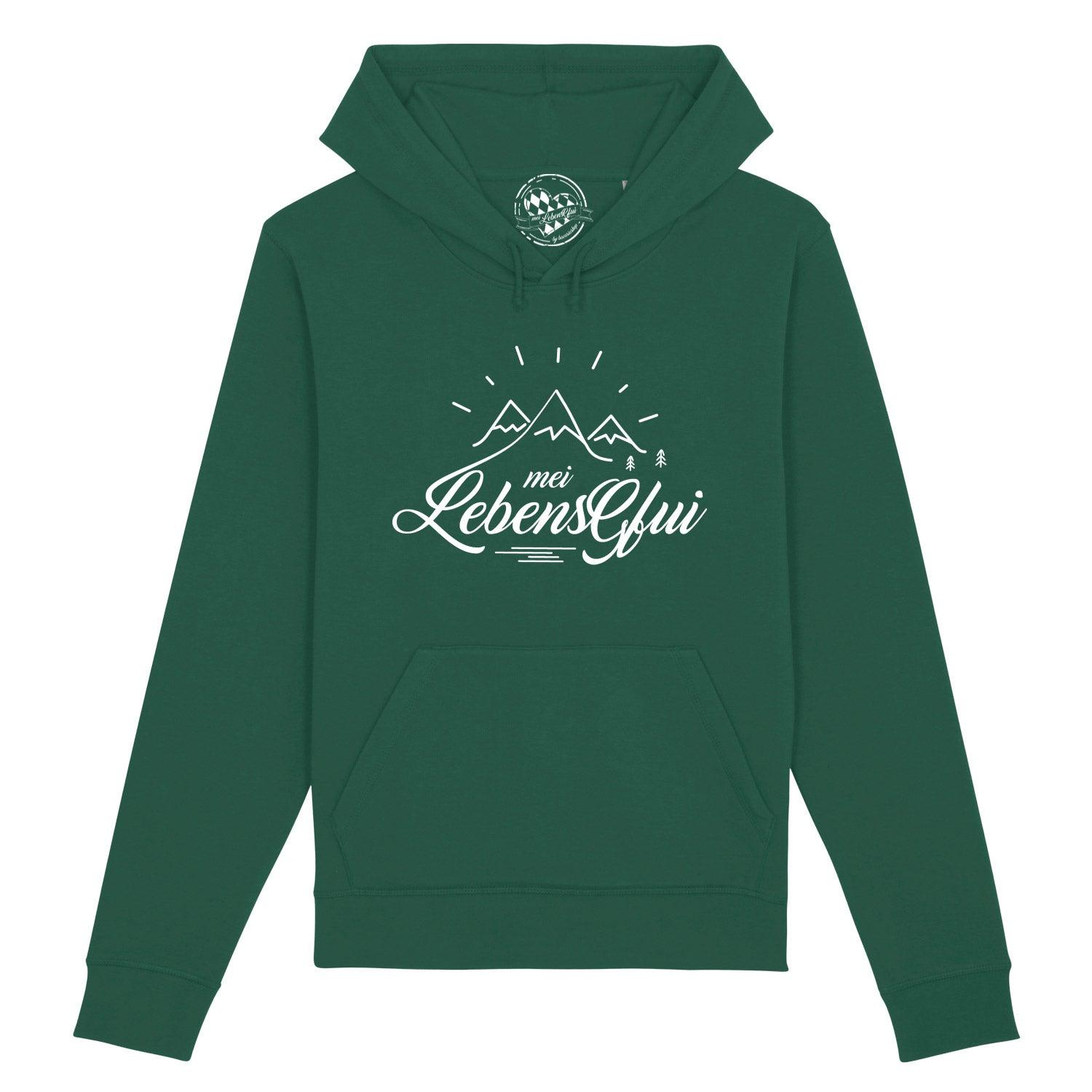 Damen Hoodie mit Kapuze und sichtbarem Front-Schriftzug, aus Bio-Baumwolle und recyceltem Polyester.