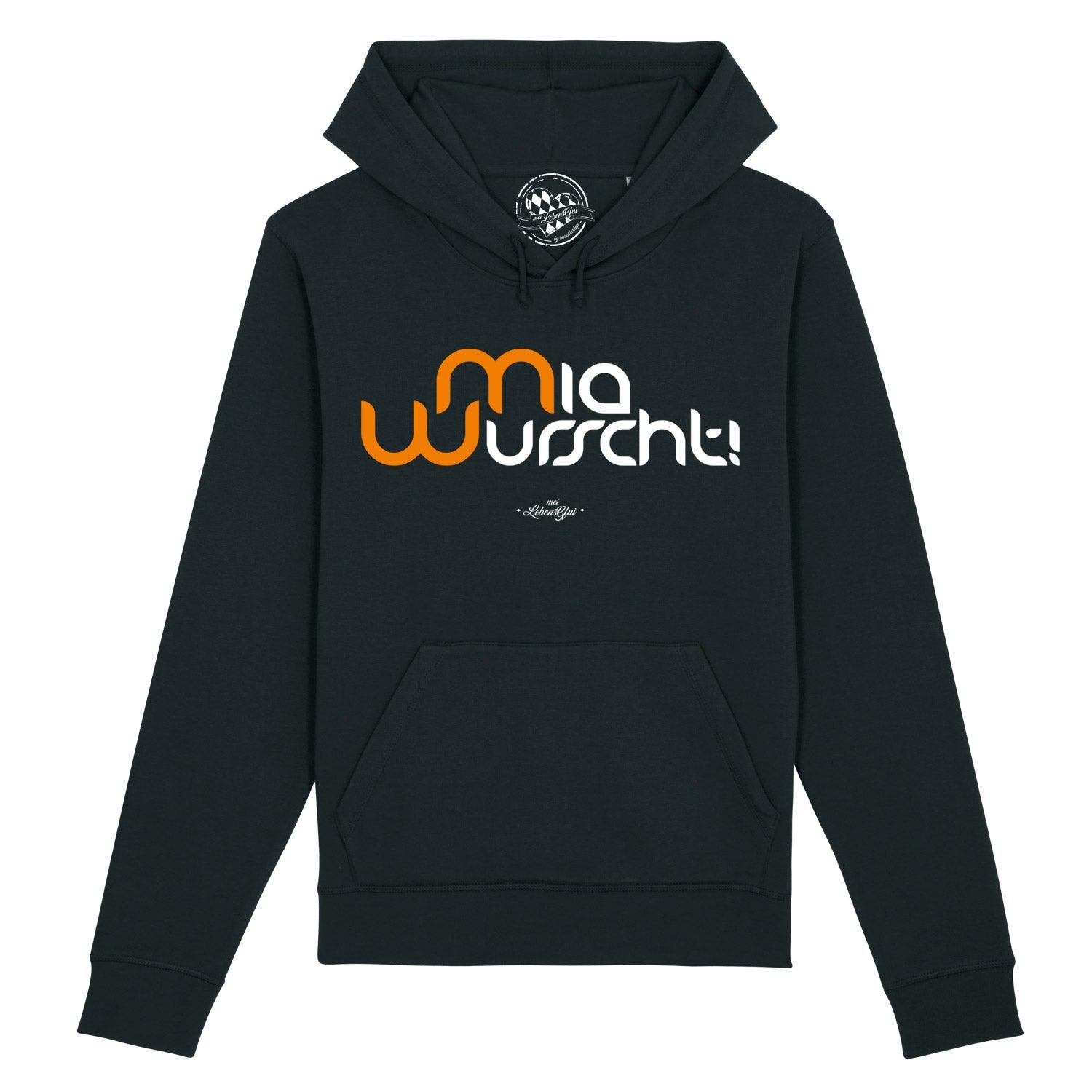 Damen-Hoodie in Altrosa mit Kapuze, Kordelzug und Frontprint „Mia Wurscht“ auf weichem Bio-Baumwollmix.