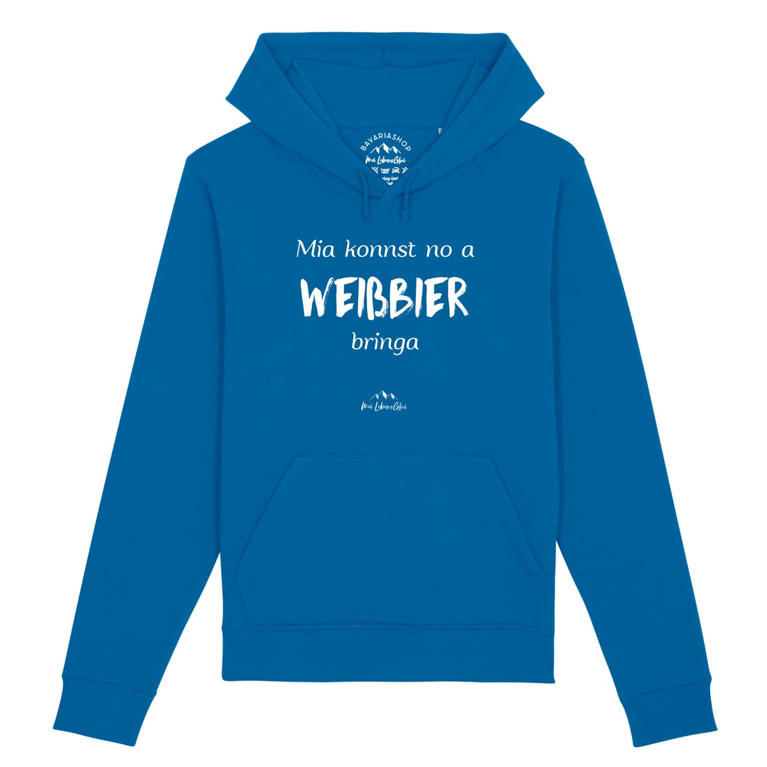 Damen Hoodie mit Kapuze in Royalblau, Frontprint „Mia konnst no a Weißbier bringa“, aus Bio-Baumwolle.