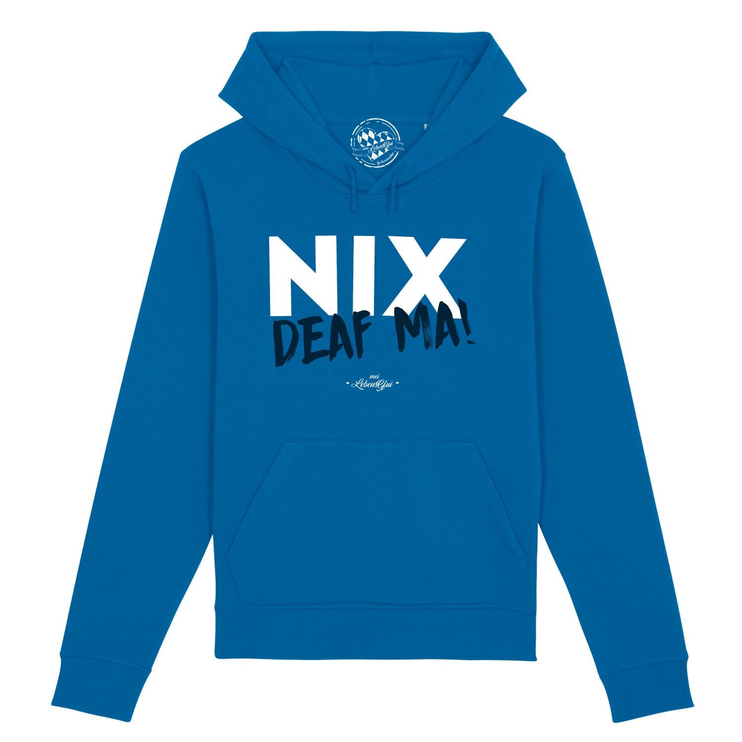 Damen Hoodie in Hellgrau mit Kapuze, Kängurutasche und blauem Schriftzug „Nix deaf ma“, aus Bio-Baumwolle.