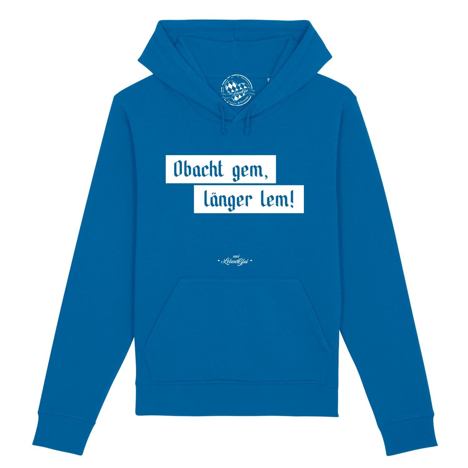 Damen Hoodie mit Kapuze und Kordel, Frontprint „Obacht gem...“, weiches Material aus Bio-Baumwolle & Recyclingpolyester.