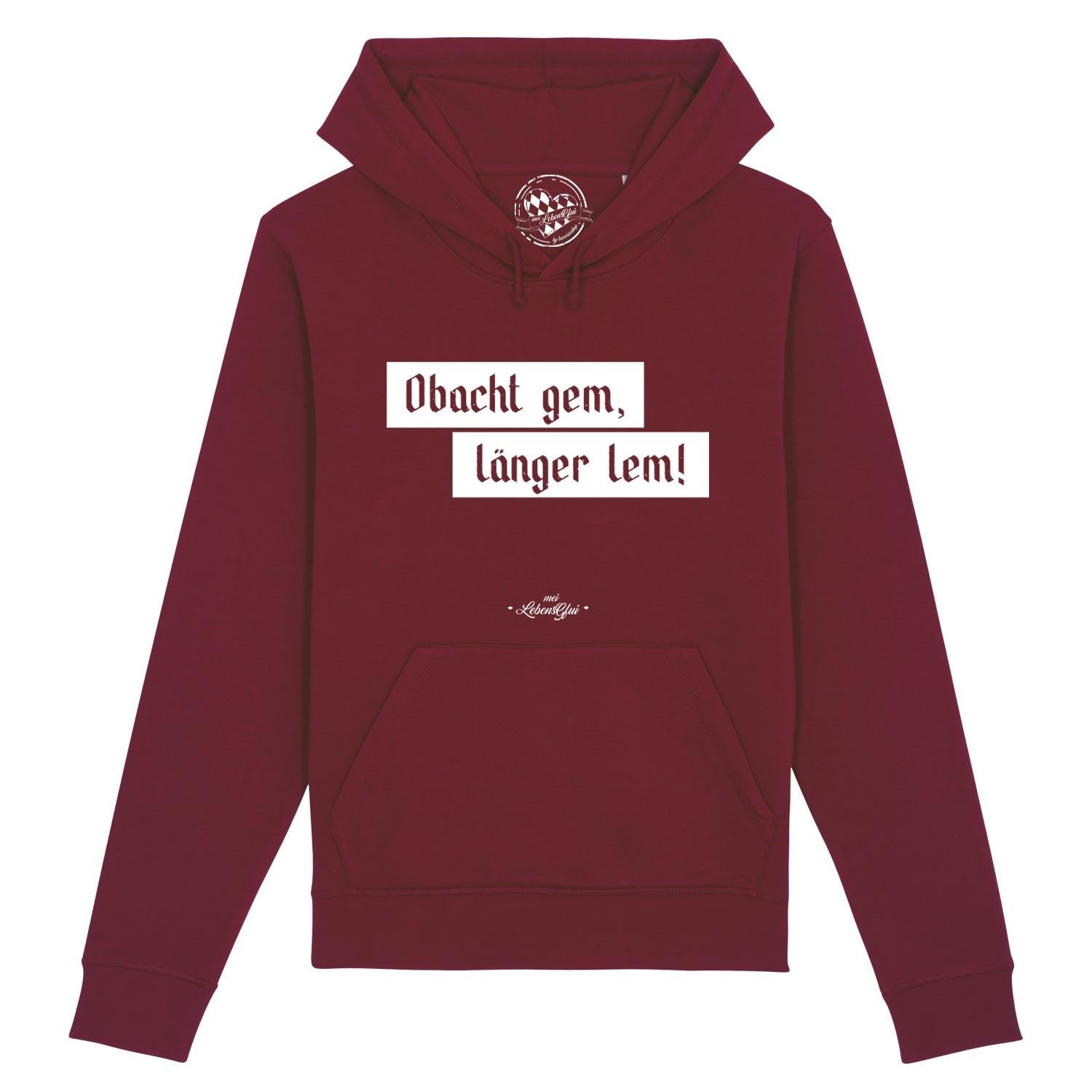 Damen Hoodie mit Kapuze und Kängurutasche, Brustdruck „Obacht gem…“, aus Bio-Baumwolle und Recycling-Polyester.